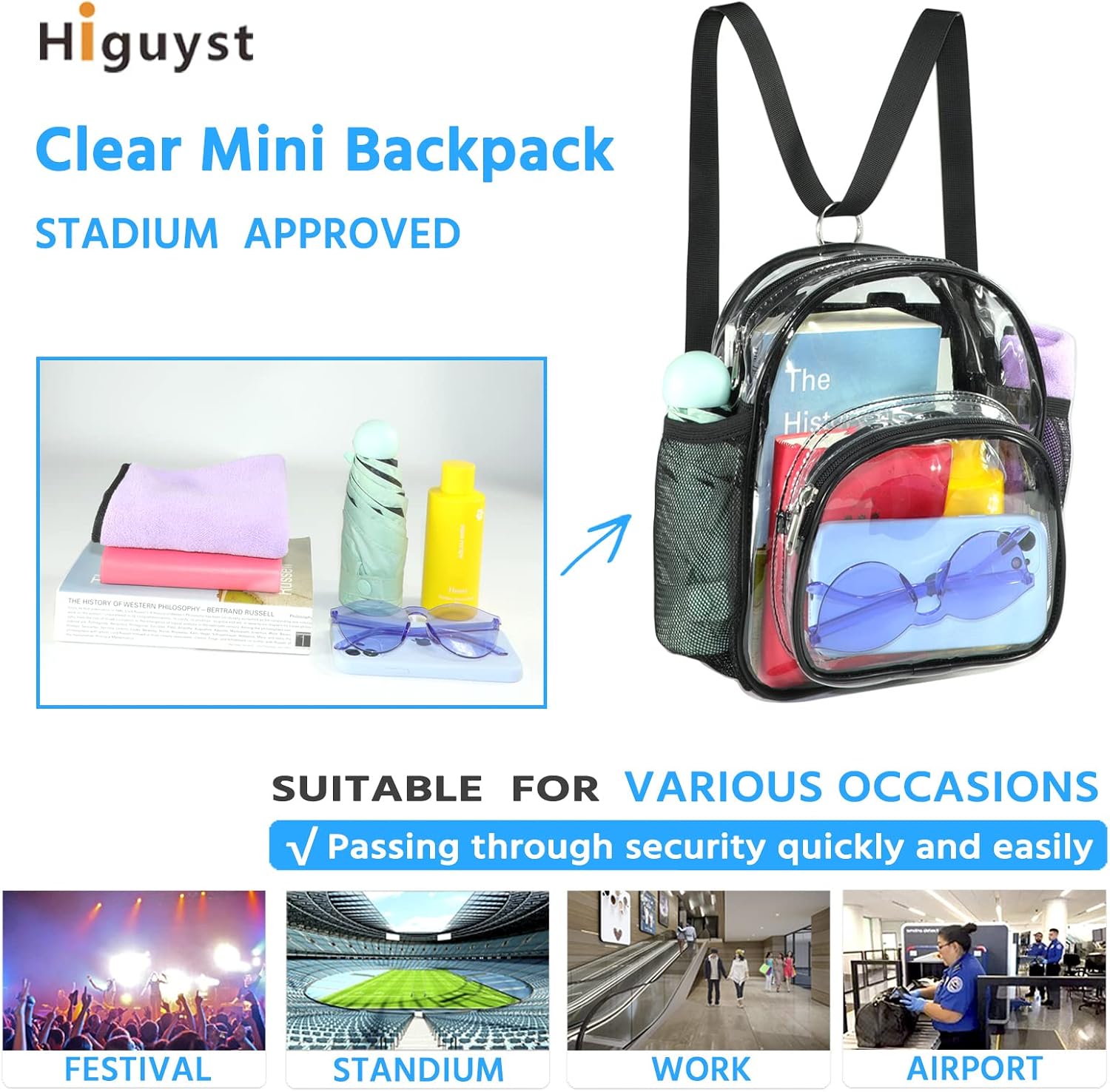 Higuyst Clear Mini Backpack Stadium Approved, Small Clear Backpack for Women, Festival Sports Events Security Travel Waterproof Clear Bags