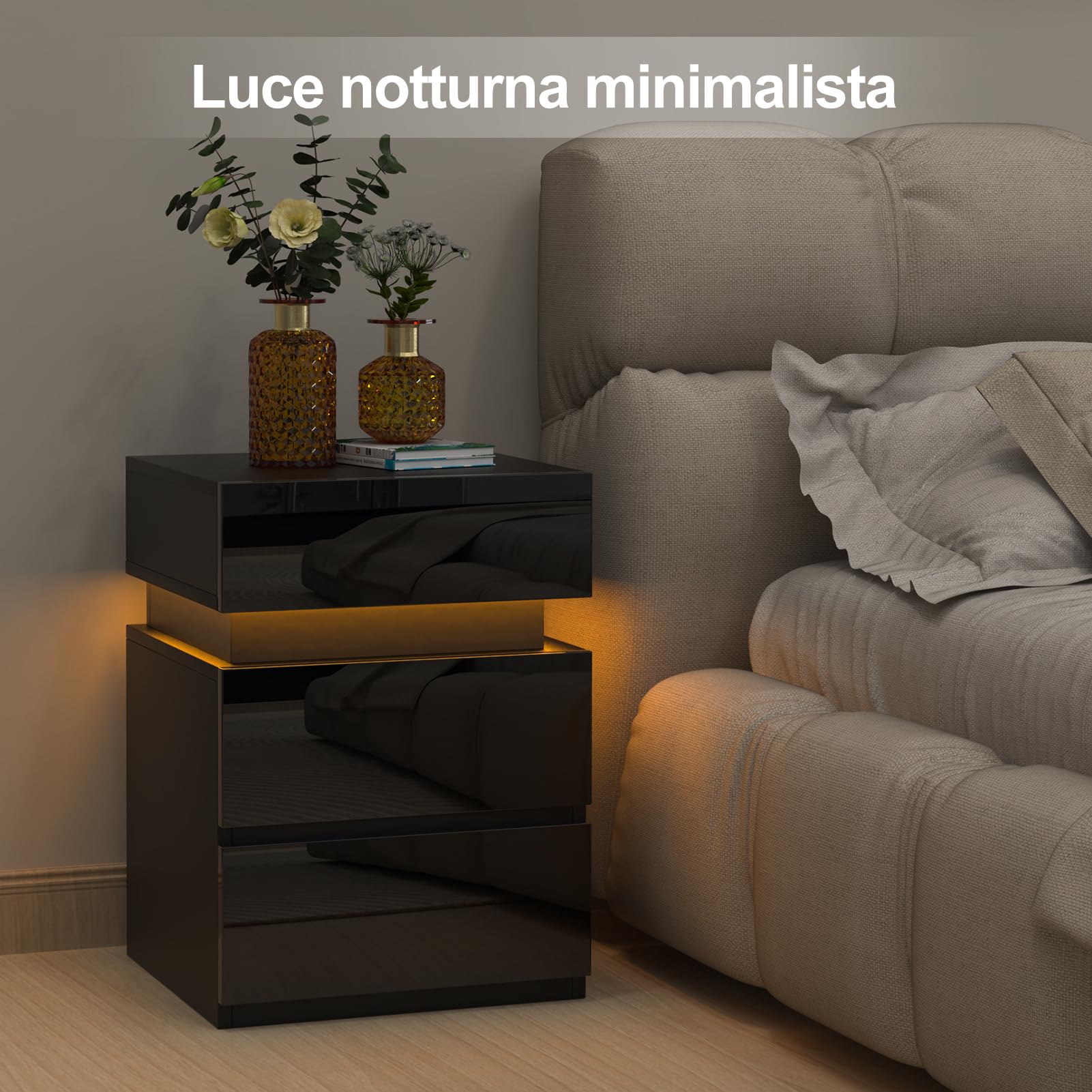 Lvechforhm Comodino con Striscia con illuminazione LED, Comodino Stretto con 3 Cassetti, Tavolino in Stile Moderni, Comodini Camera da Letto 40x35x55cm Nero, per Soggiorno Classico Organizzatore