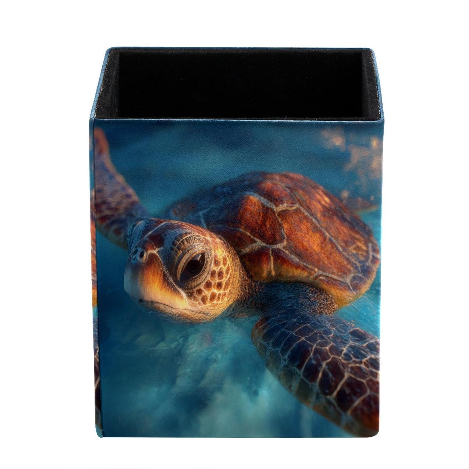 XingFox Turtle Pen Holder for Desk Deco, Sqaure PVC Leather Pencil Cup for Desk Pen Organizer, Makeup Brush Holder for School, Home, Office