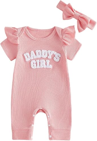 Newborn Baby Girls Summer Clothes Daddys Girl Embroidery Ruffle Jumpsuit Bubble Romper Bodysuit Shorts Outfits