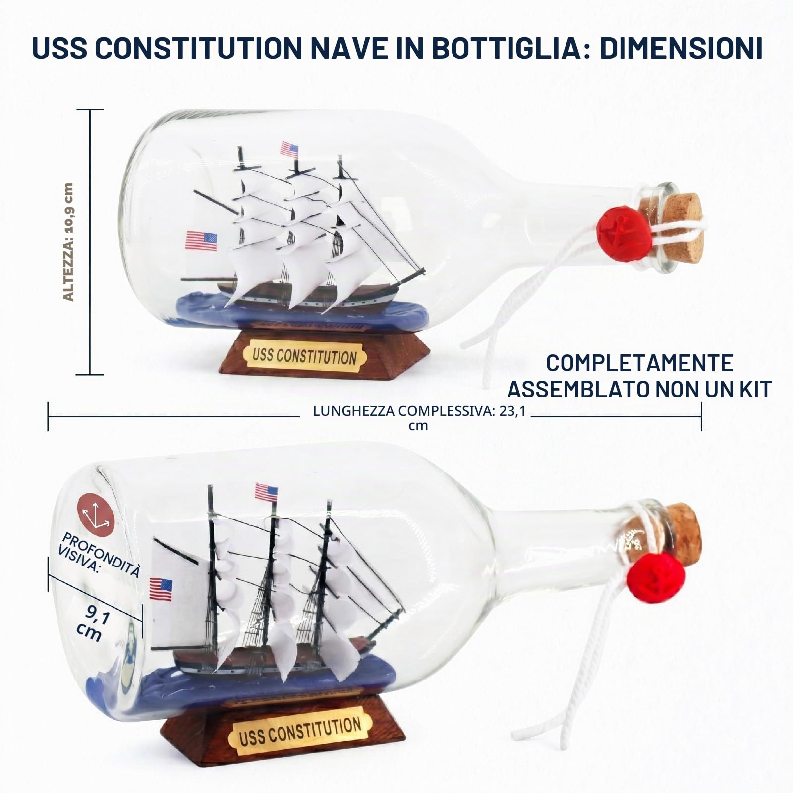 Nera perla Caraibica modello nave in una bottiglia di vetro ornamento da tavolo decorazione nautica casa Mayflower USS Costituzione USCG aquila regalo per ragazzo (Costituzione 23 cm)