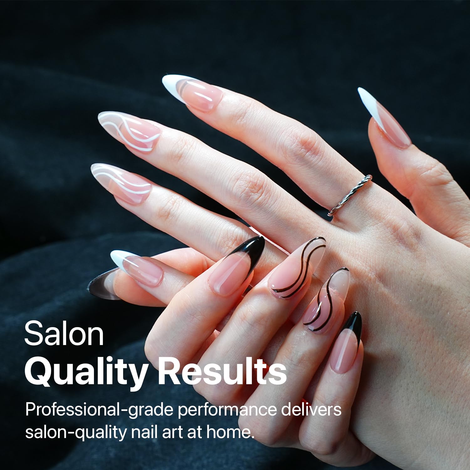 SXC Cosmetics Gel Liner Nail Art Set – Black & White 2pcs Gel Liner Nail Art Chrome 3D High-Gloss Effect for Nail Paint Design with Thin Brush DIY French Manicure Curing Requires