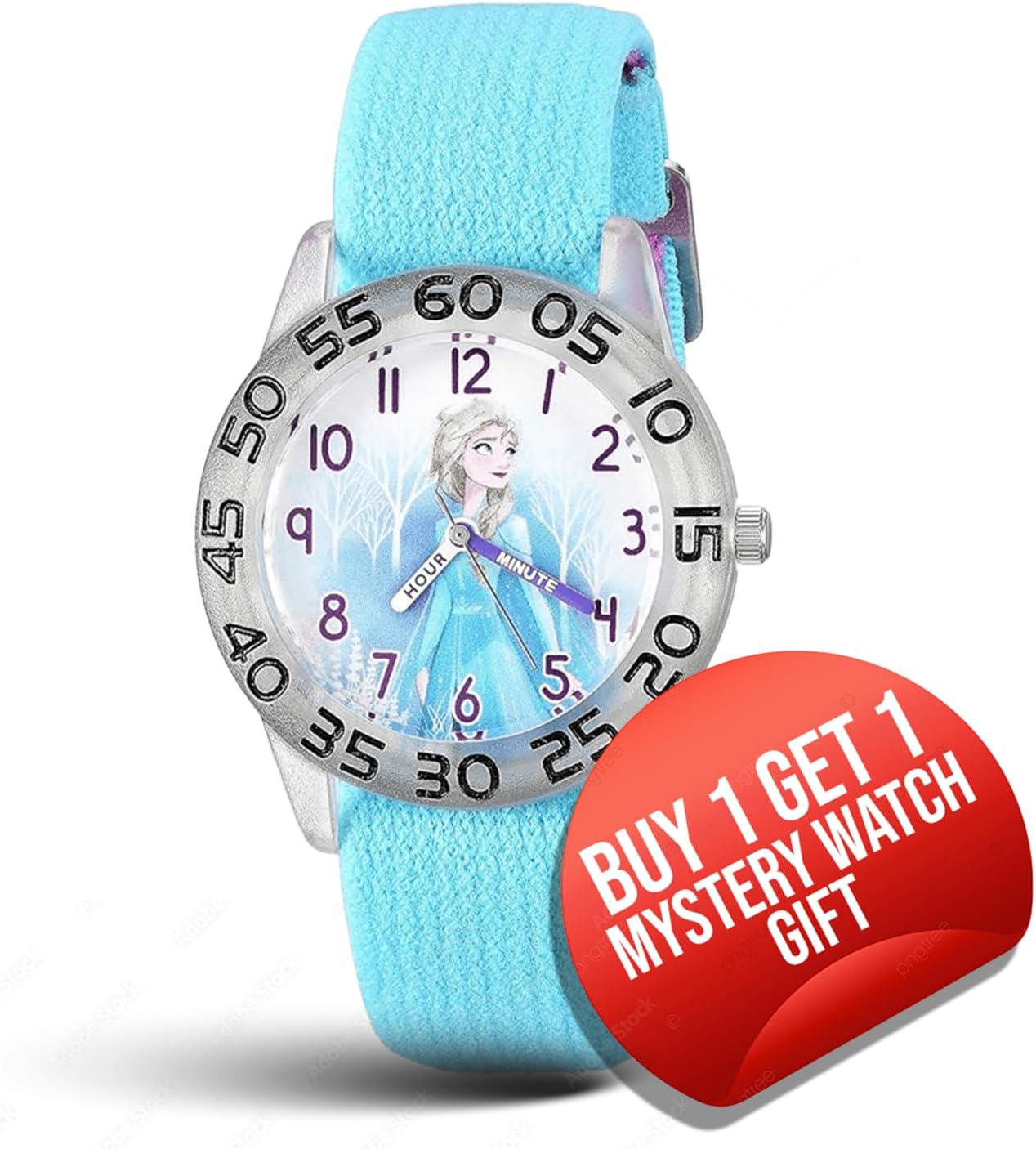 Disney Frozen 2 Watch for Girls 4–7 – Princess Featuring Character Dial – Gift for Kids – Clear Bezel and Blue-Purple Nylon Strap with Velcro Closure - Buy and GET 1 Free Mystery Watch