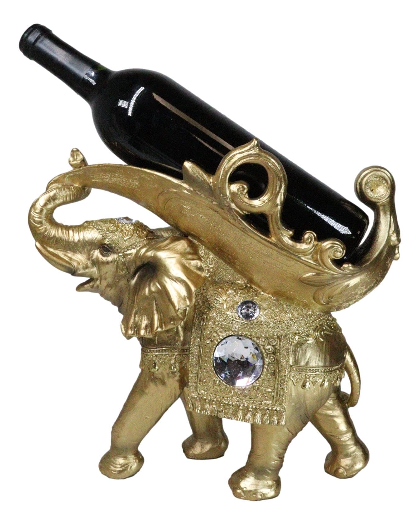 Ebros Gift Feng Shui Auspicious Golden Thai Buddha Elephant with Trunk Up Banyan Leaf and White Crystals Wine Bottle Holder Figurine Oil Wine Bottle Valet Storage