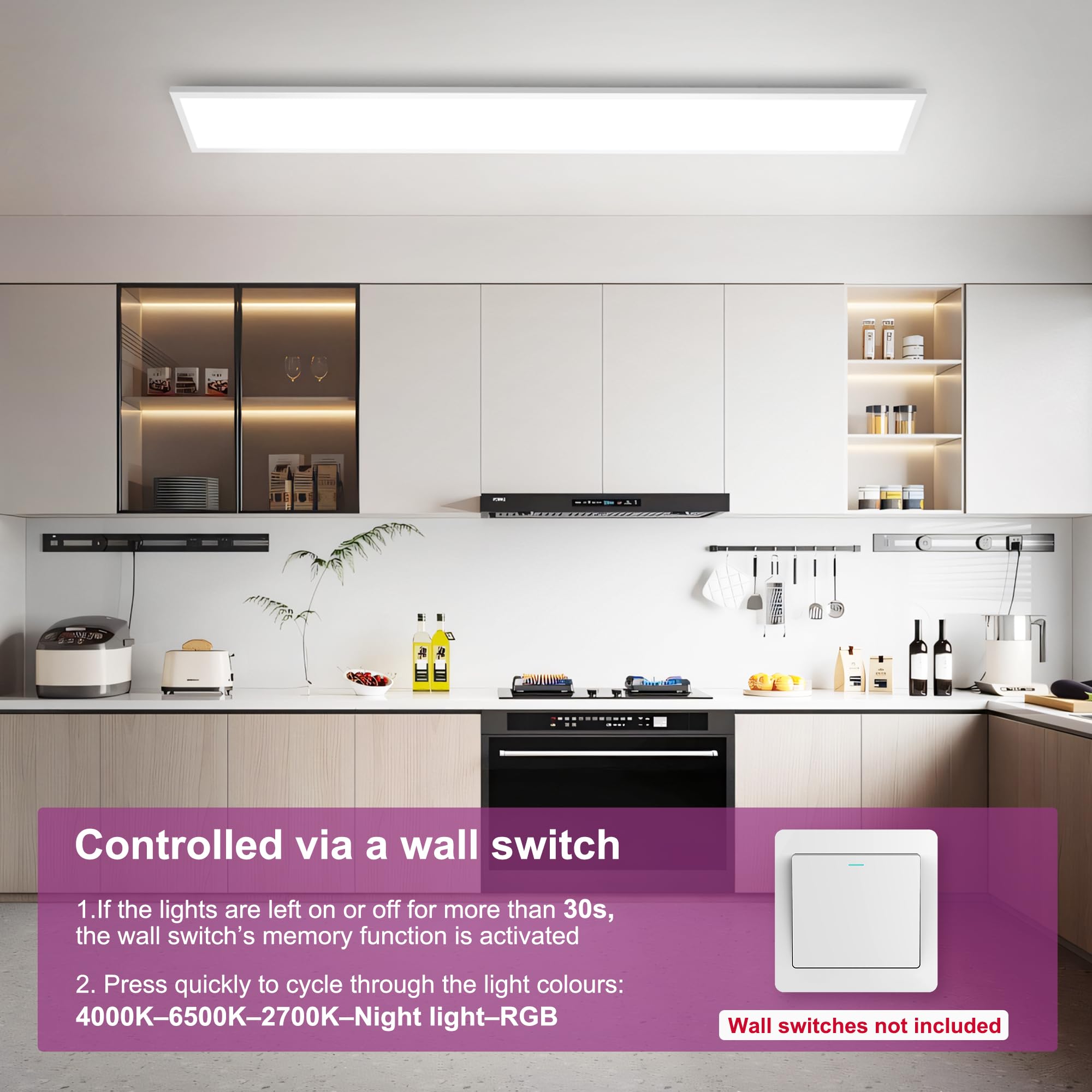 YindaLux 1x LED Panel 120x30 cm Deckenleuchte 40W mit RGB-Backlight Weiß | 4000lm, dimmbar, 2700–6500K, Fernbedienung, Nachtlicht, Speicherfunktion, Hauptlicht und Backlight separat steuerbar