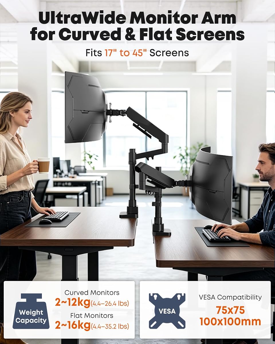 PUTORSEN Ergonomiczny Uchwyt do Monitora 17-45 Cali, Czarny | Regulacja Wysokości 63,3 cm, Maks. Obciążenie 16kg (Płaski