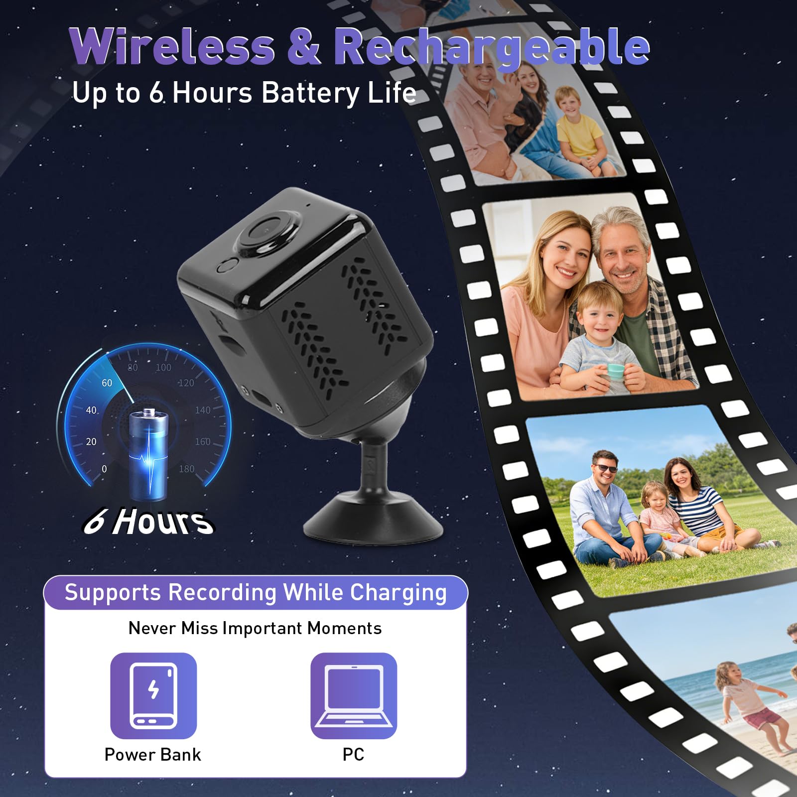 Telecamera di Sorveglianza Interna Wifi, Mini Telecamera Spia Trasmissione | Live su Smartphone, Telecamera Interna con Scheda SD 32GB, Visione Notturna, Angolo Ampio 150°, Montaggio Magnetico, Nero