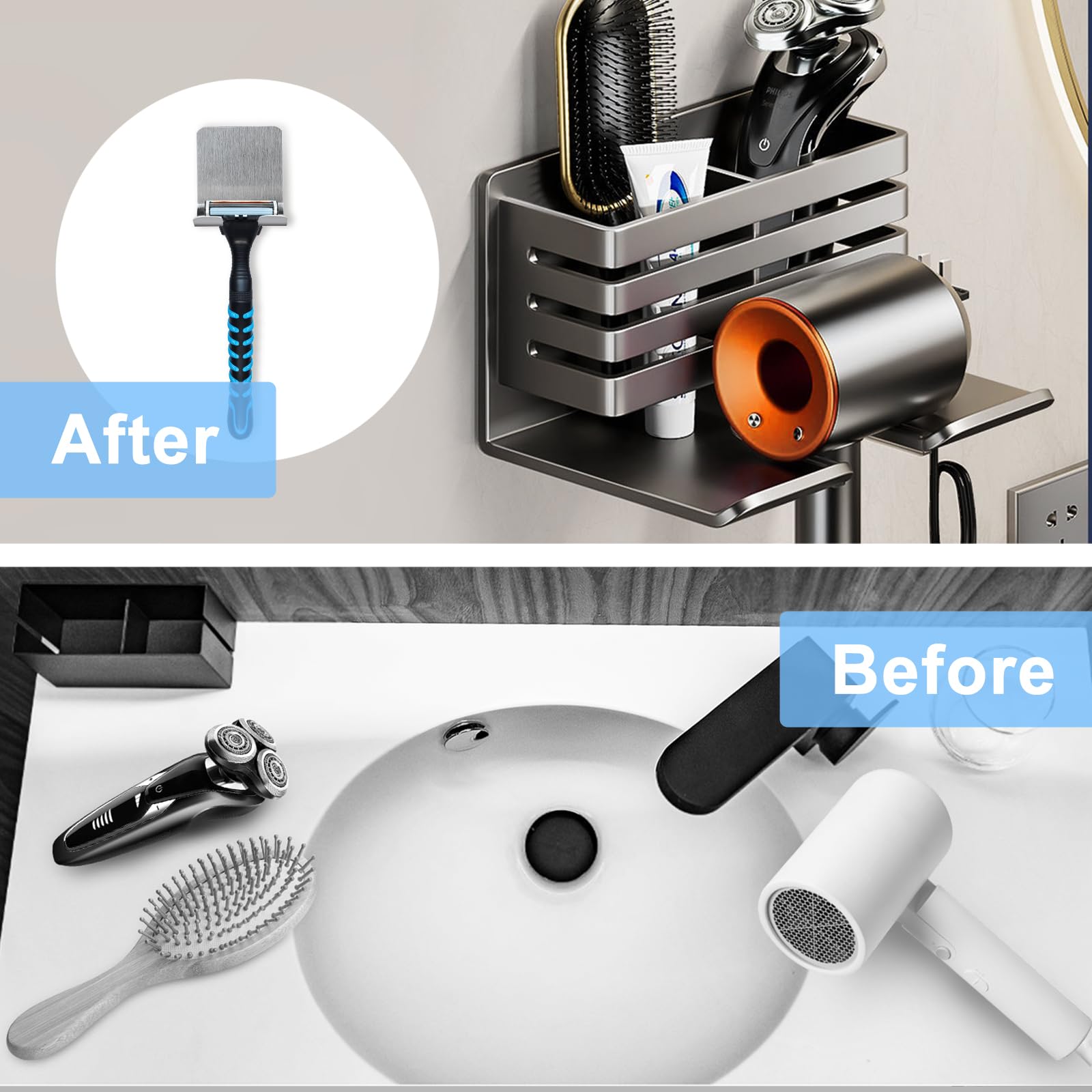 Porta Asciugacapelli Da Muro Adesivo - Con Supporto Rasoio E Portacavi, Senza Fori - Foto 7