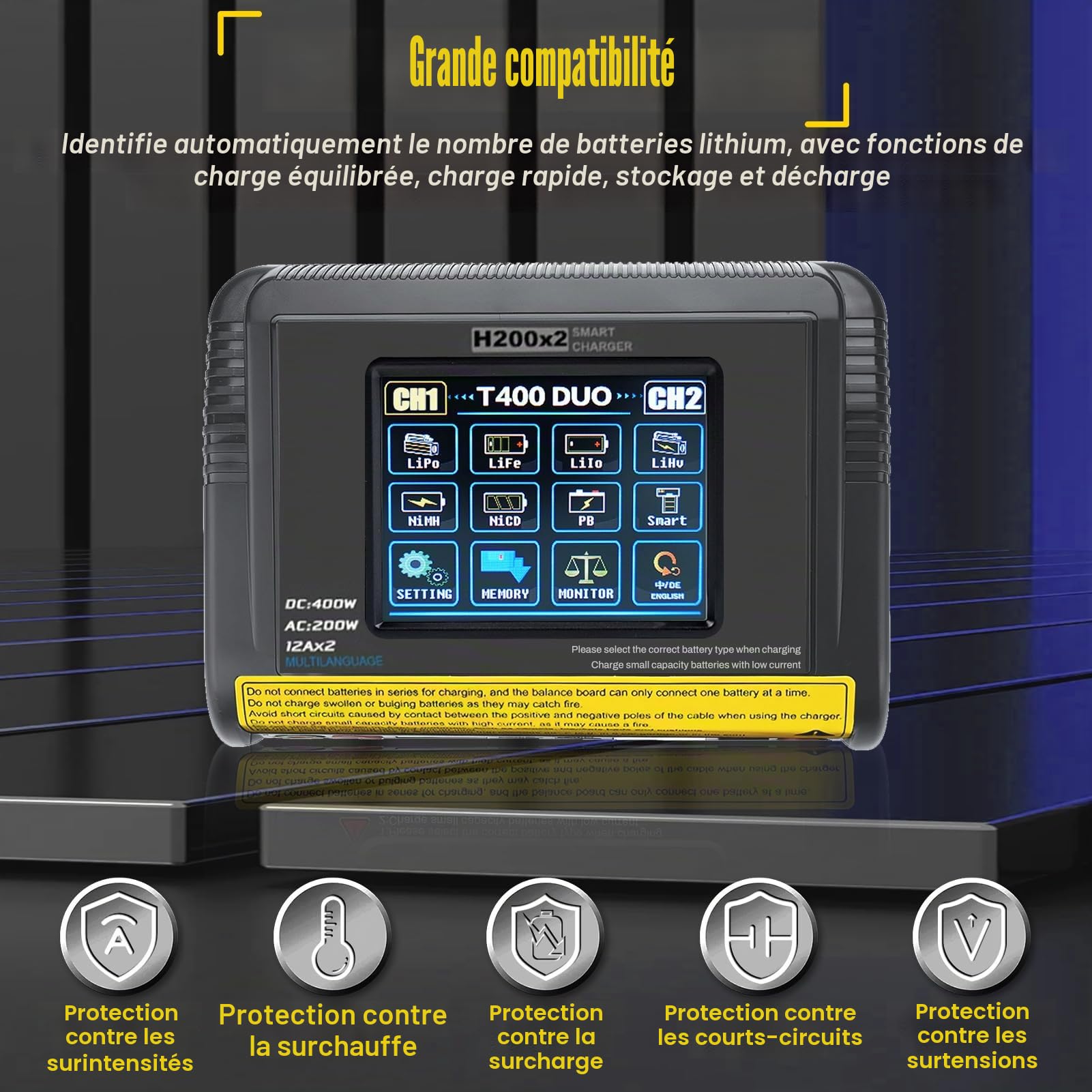 Chargeur lipo T400 AC200W/DC400W 12A, Chargeur Batterie lipo Double décharge 3,2 Pouces écran Tactile Couleur Chargeur lipo Balancer déchargeur pour LiPo/Lilon/Life/NiMH/NiCd/PB/NiMH