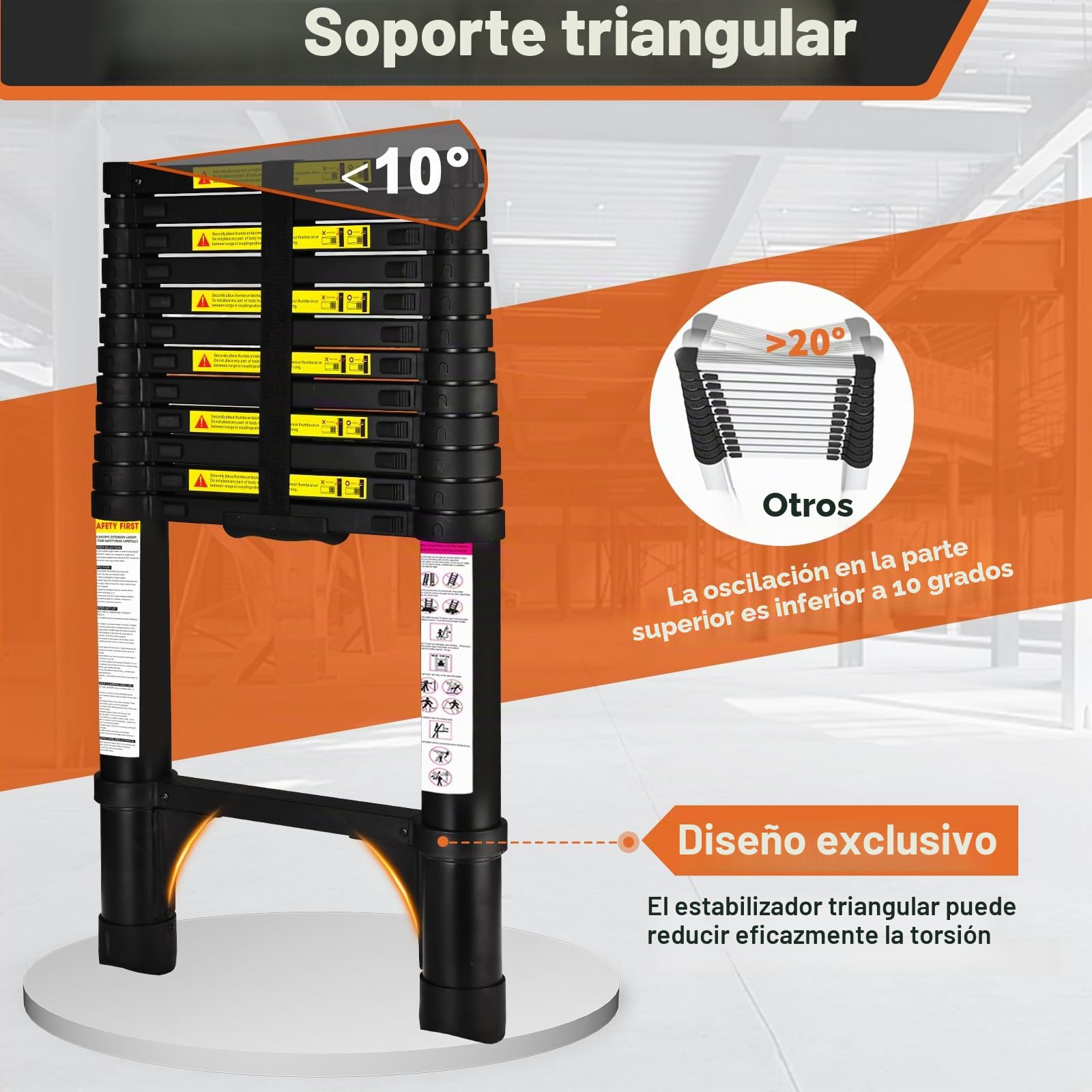 Escalera telescópica de 3.8 Metros con pies Antideslizantes, Escalera Plegable de Aluminio Ligero para altillos, Casas rodantes, Exteriores e Interiores, Capacidad de Carga de 150kg.Negro