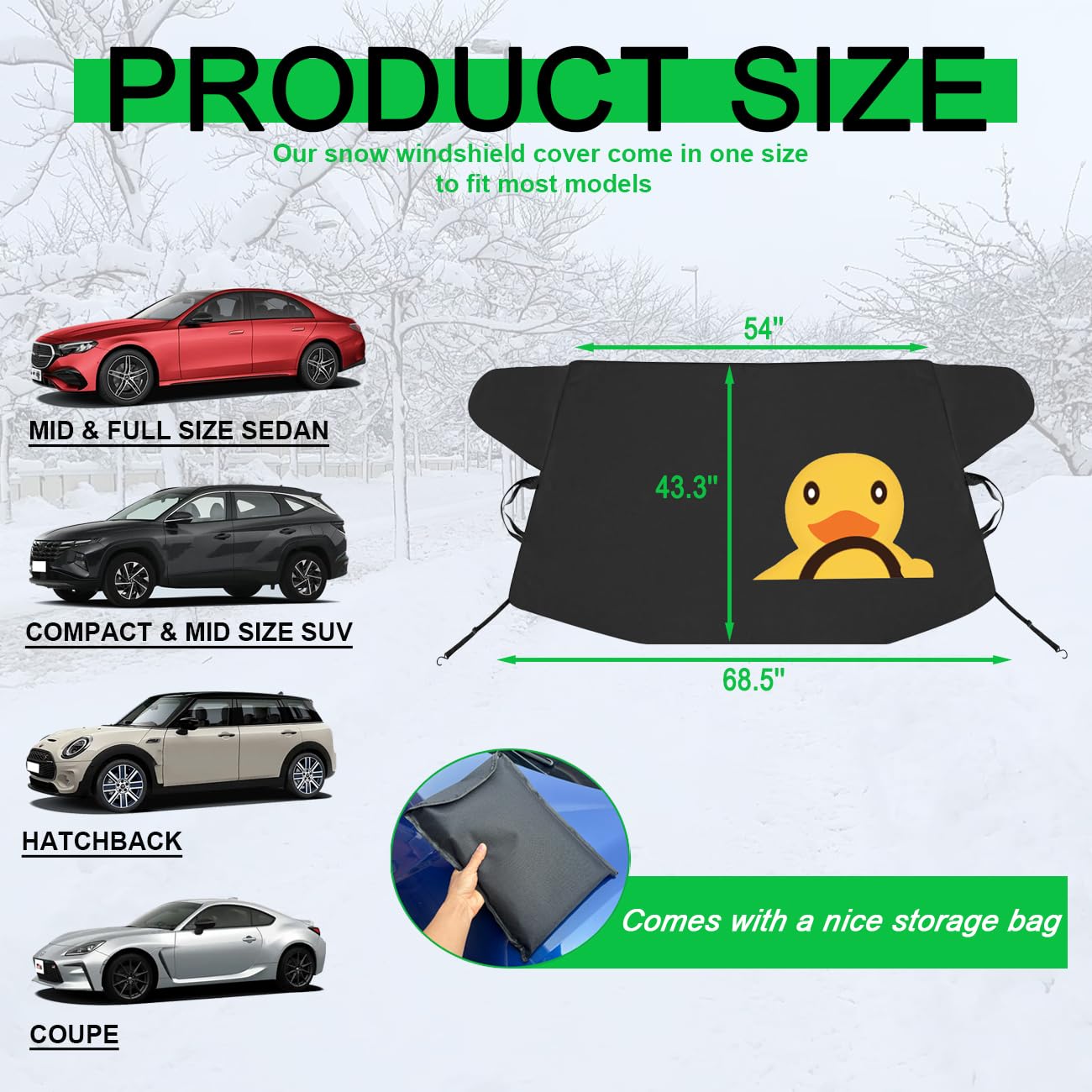 ROMASO Copertura per parabrezza auto per ghiaccio e neve, copertura per parabrezza auto, in tessuto impermeabile 600D, copertura antineve per qualsiasi condizione atmosferica, 175,3 x 109,2 cm, adatta