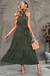 PRETTYGARDEN Women's Summer Floral Maxi Sun Dress Sleeveless Halter Neck Flowy Ruffle Hem Long Boho Dresses with Belt