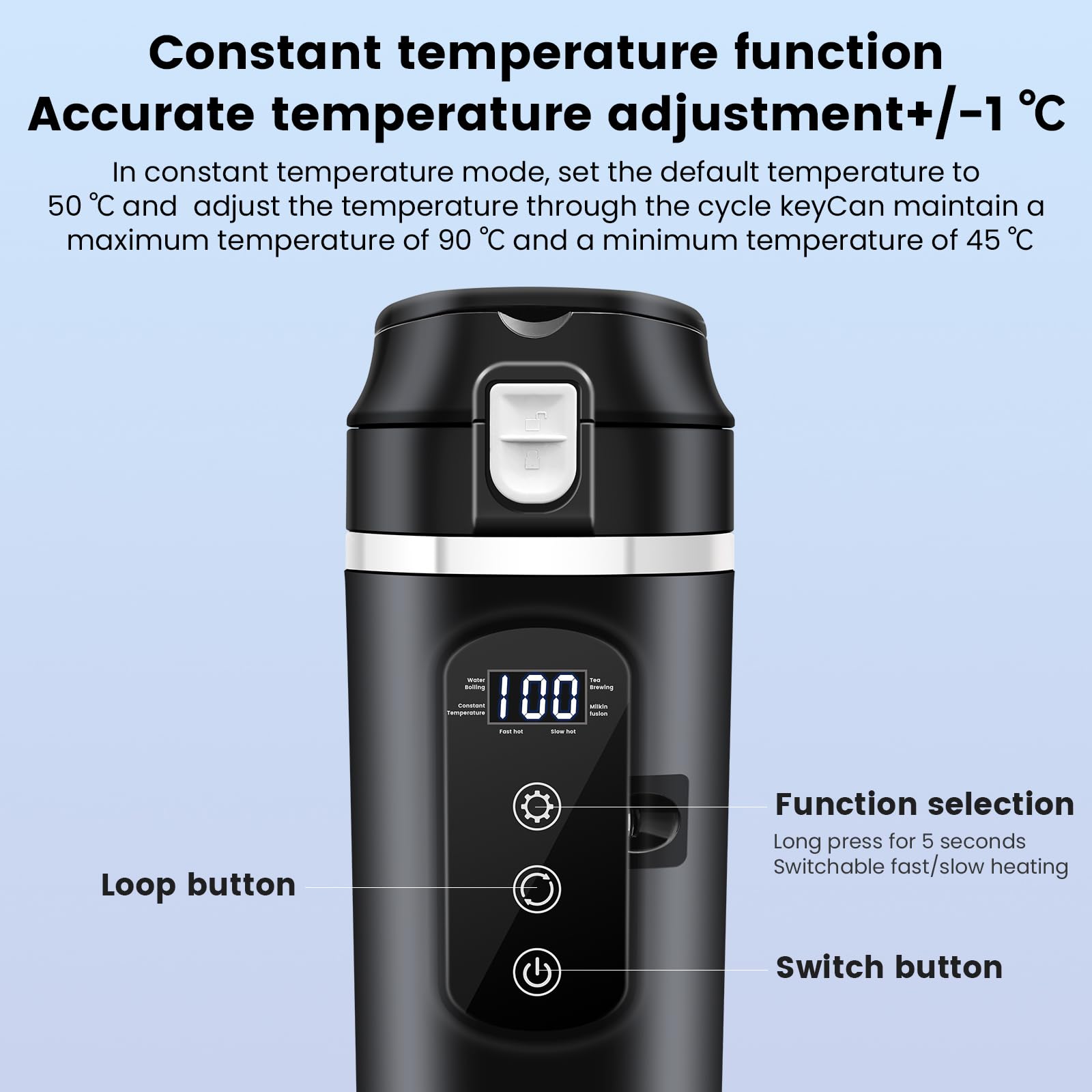 PORFOYO Hervidor de agua para coche, 12 V, minihervidor de café, 500 ml, negro, hasta 100 ℃, control de temperatura variable para camiones, viajes, camping