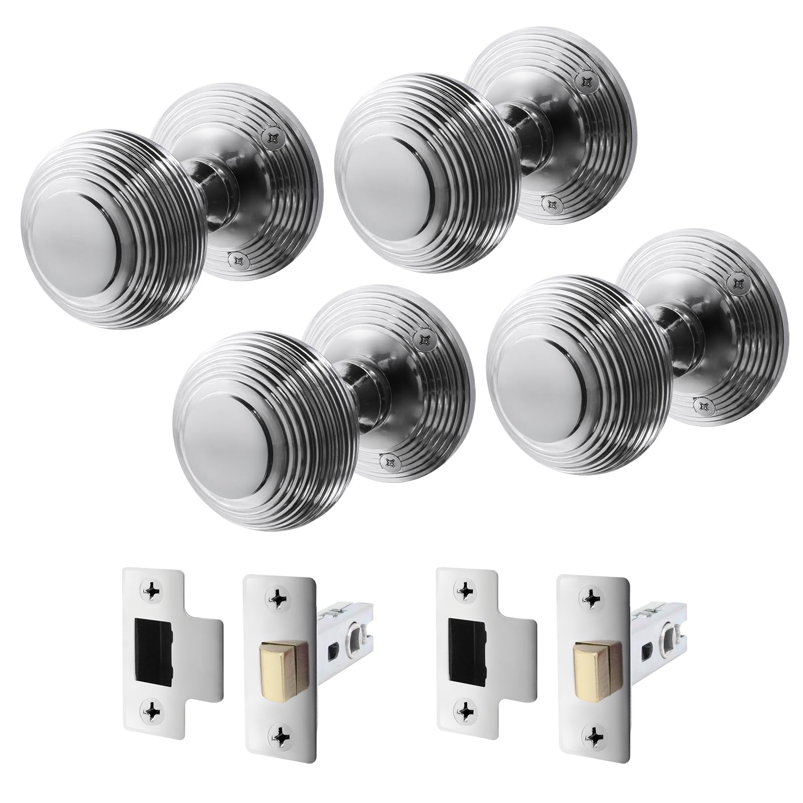 EAI Beehive Door Knob Set Polished Chrome | 2 Pairs of Reeded Mortice Knobs (55mm) & Latch (76mm) for Internal Doors