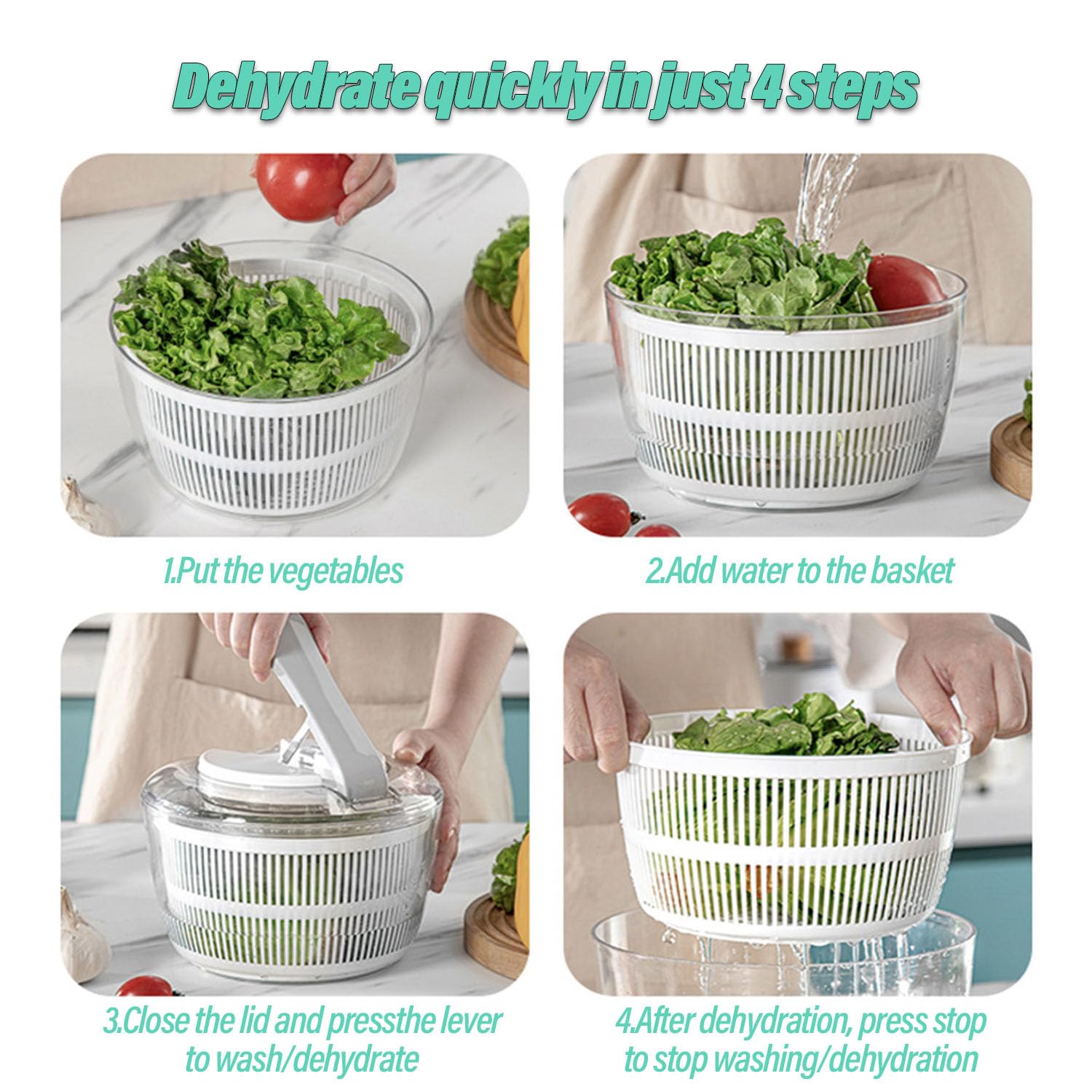 Séchoir à légumes et fruits de 3,9 l avec panier de vidange et bol, design de séparation double couche pour un séchage facile des salades vertes et des légumes