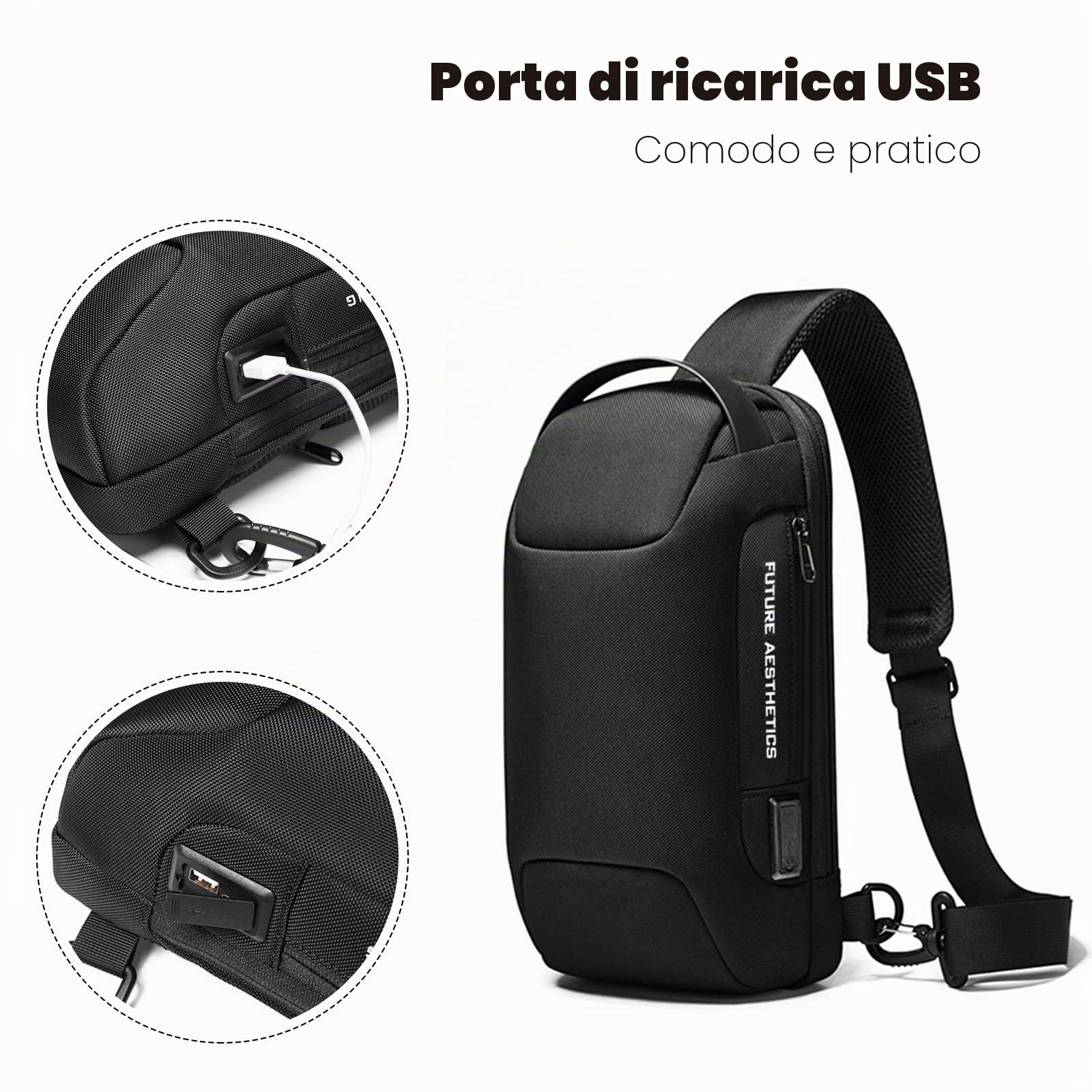 FANDARE Borsa a Tracolla Anti-Ladro Uomo e Donna, Borsa a Tracolla con Porta USB di Ricarica, Borsa da Petto Impermeabile, Zainetto da Spalla per Escursionismo Ciclismo Corsa Viaggio