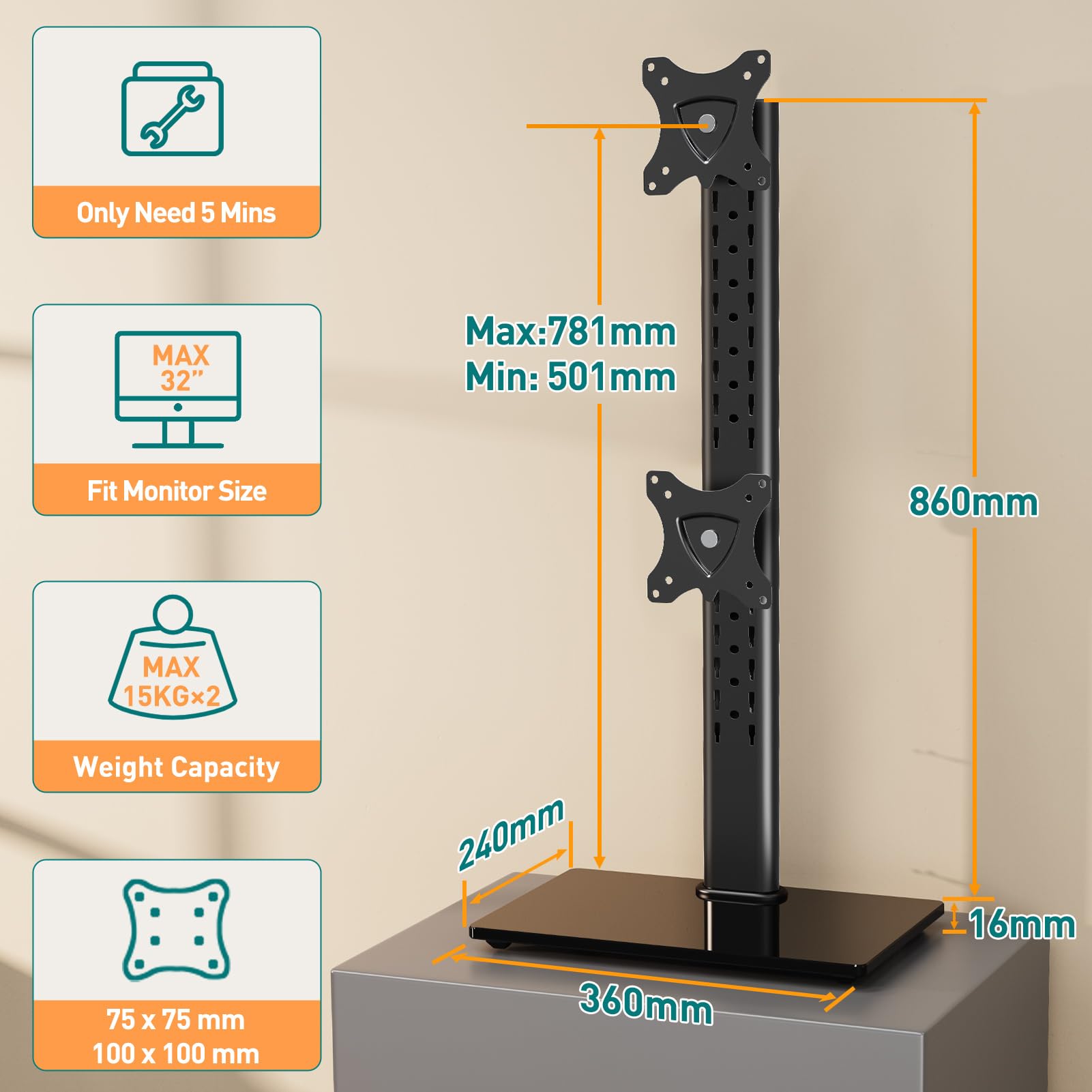 ELIVED Supporto doppio per monitor da scrivania, braccio verticale per monitor da 13-32 pollici con VESA 75 x 75/100 x 100 mm fino a 15 kg, rotazione a 360° regolabile in altezza supporto per monitor