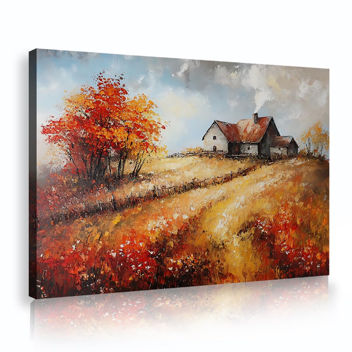 CHERHERART Autumn Countryside Canvas Picture Prints Impressionist Farmhouse Wall Art Fall Foliage Warm Canvas Poster for Living Room Dining Room 80x120cm Innerframe