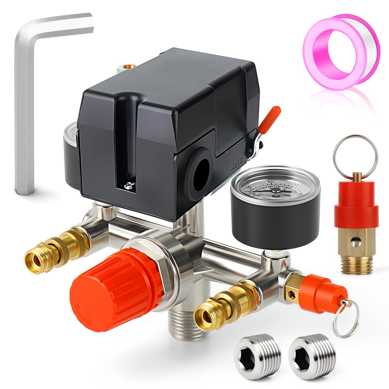MEANLIN MEASURE Pressostat pour compresseur d'air - Valve de commande 95-125 PSI 110 V-240 V - Pièces de rechange 1 voie avec manomètre 0-180 et régulateur de collecteur