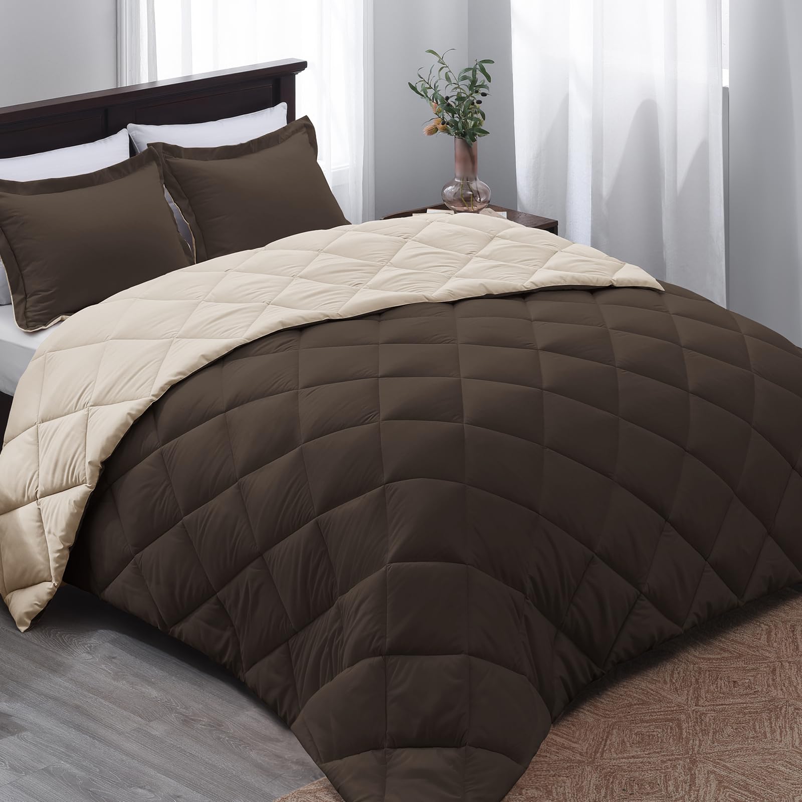 Basic BeyondCalifornia King Comforter Set - Brown Comforter Set California King, Reversible California King Bed Comforter Set for All Seasons, Brown/Ivory
