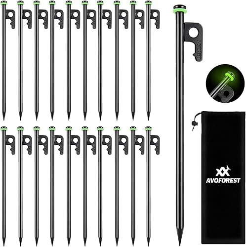Miniatura 10 de AVOFOREST Estacas de tienda de campaña, estacas de metal resistente + bolsa de almacenamiento + anillos de silicona fluorescente para acampar de 12