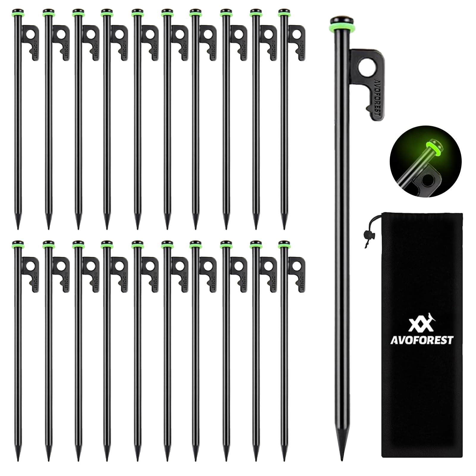 12Inch Heavy Duty Tent Stakes,20 PCS Tent Pegs Metal+Fluorescent Silicone Rings+ Storage Bag for Camping (20pcs)
