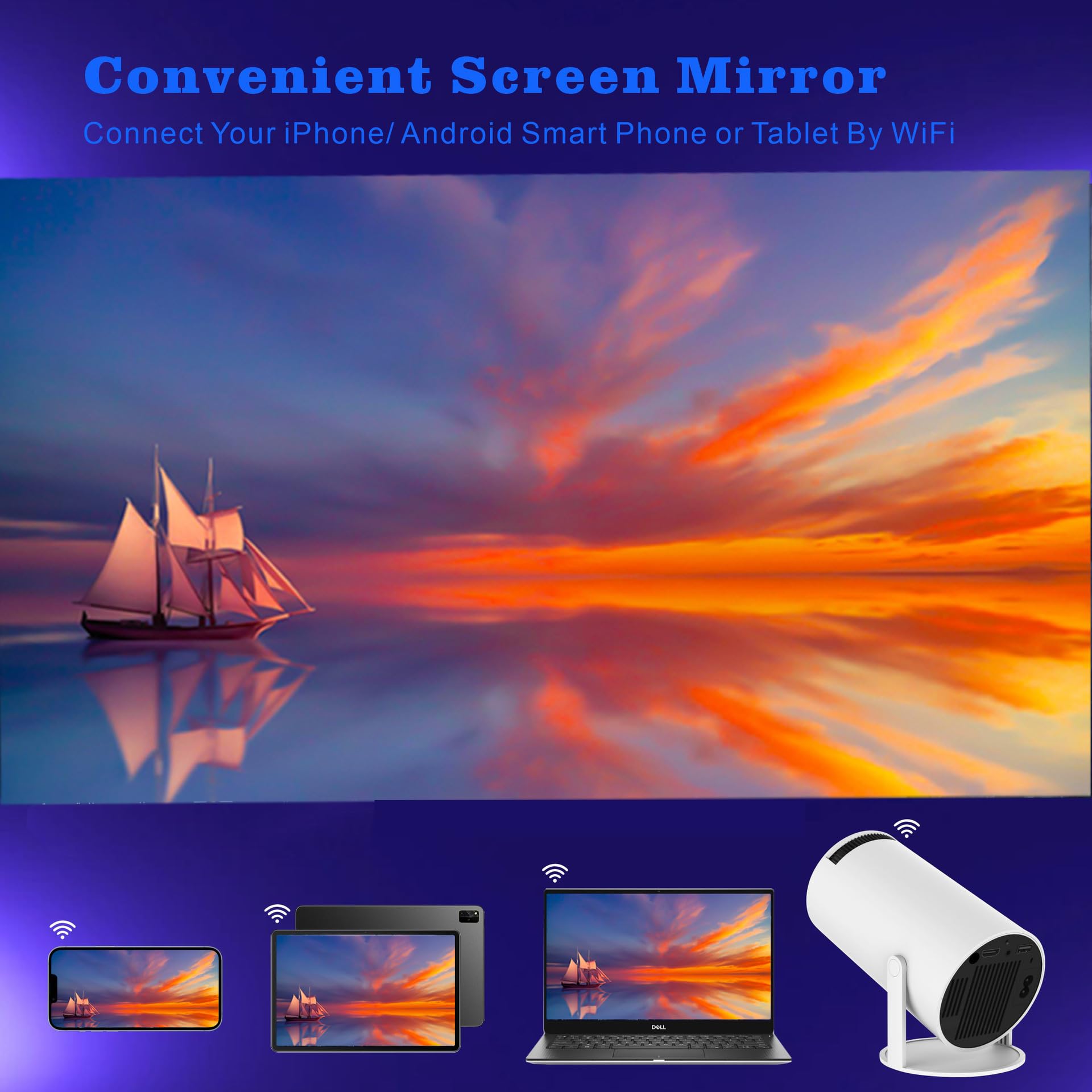 Mini projecteur Bluetooth WiFi portable 4K avec correction automatique de la distorsion, rotation à 180°, écran 130", Android 11, 5G double bande, projecteur de films pour la maison
