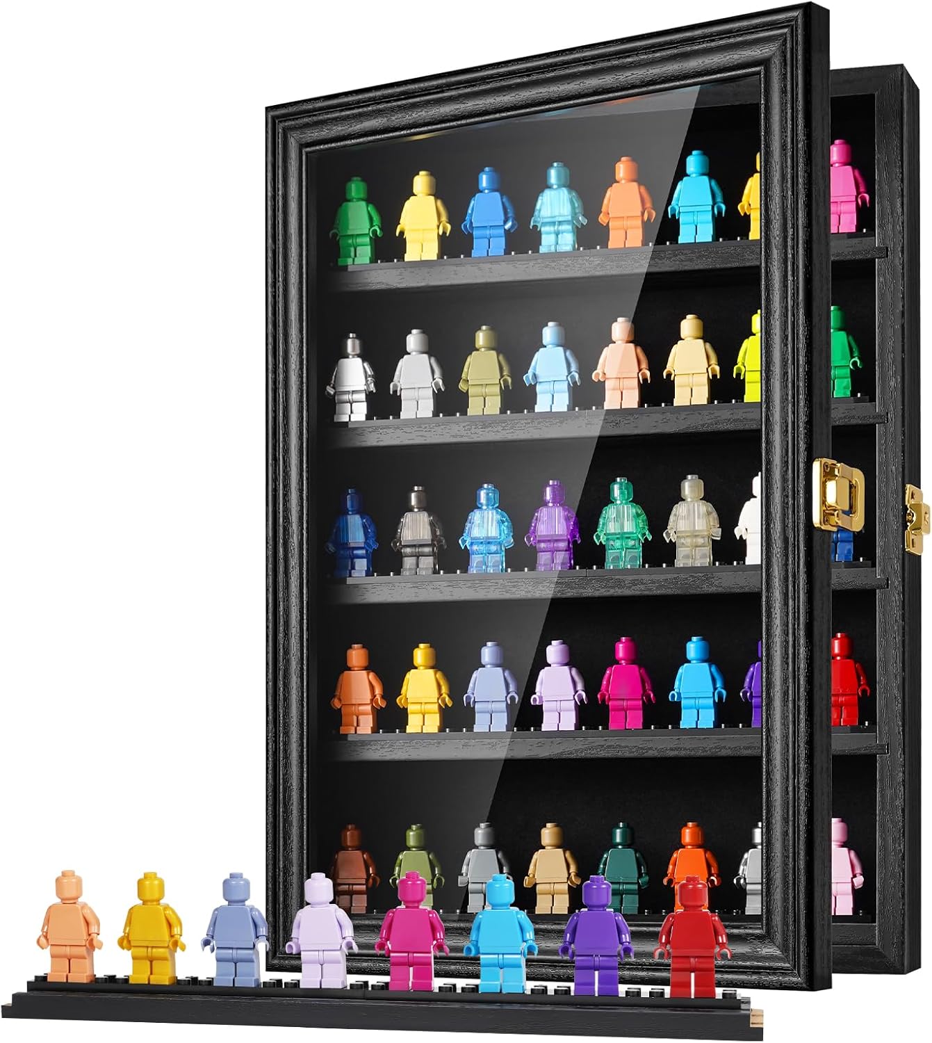 PiaoHao Minifigure Display Case for Collectibles -Wooden Memorabilia Display Case for Figures -15.4 x 11.2 Inch with Lockable Anti Dust Door - Wall Mount or Tabletop for Storage Mini Figure (Black)