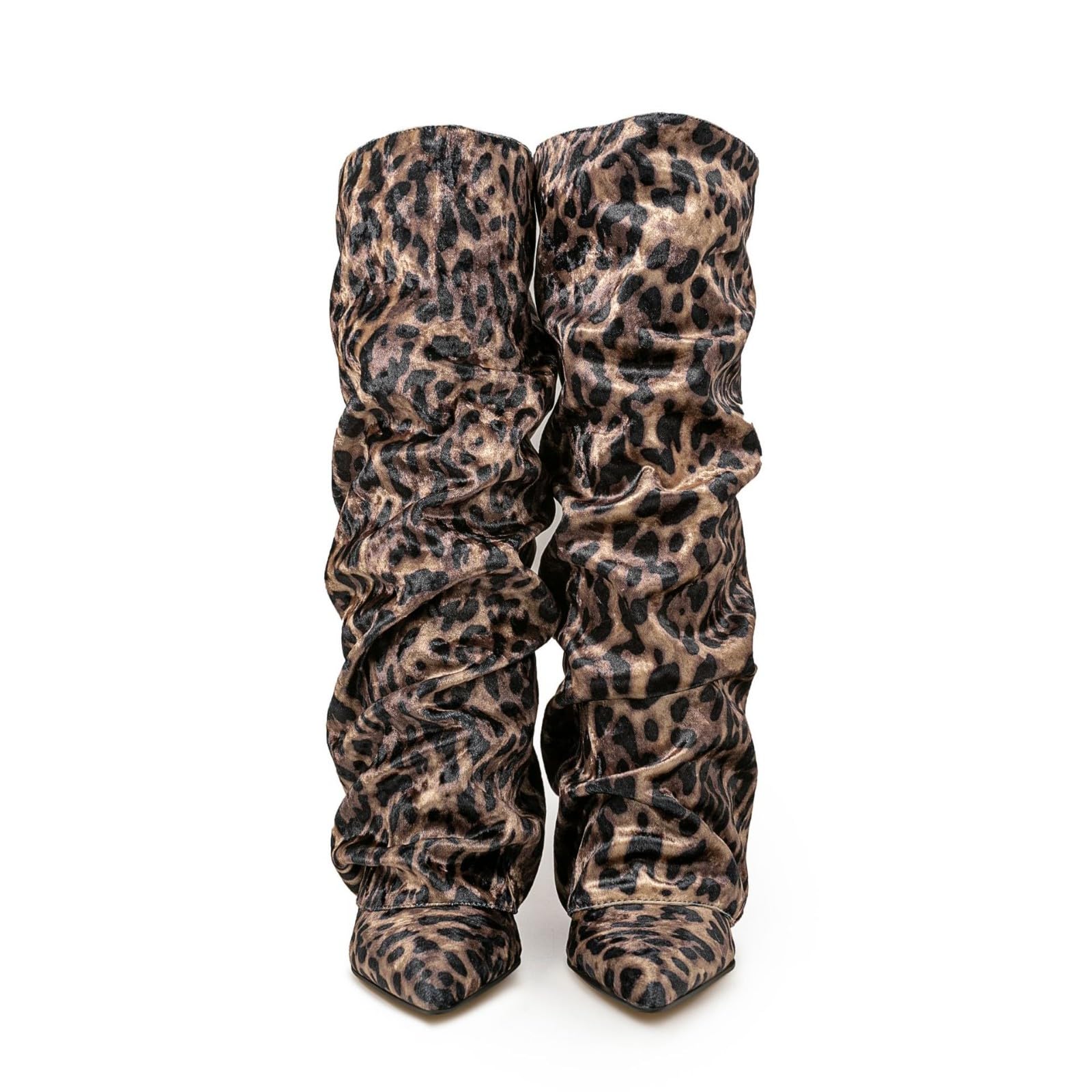 Botas Altas Mujer Caña Ancha, Botas Mujer Invierno Punta Puntiaguda Retro Sexy Leopardo Hasta La Rodilla Plisada Apiladas Bota Sólido Elegante Salvaje Tacón Grueso Moda Antideslizante Rectos Bota