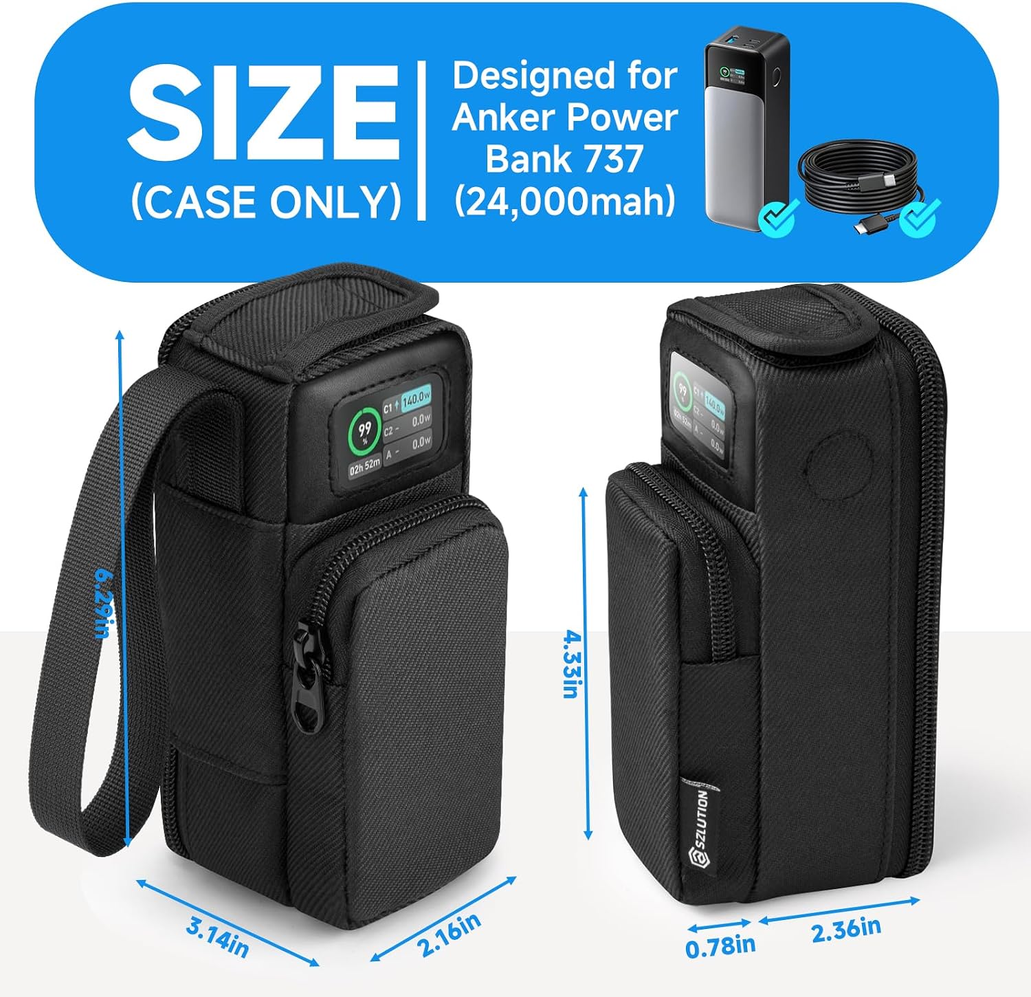 Travel Case for Anker 737 Power Bank 24000mAh Portable Charger | Protective Storage Bag Pouch, Compatible with Anker 737 PowerCore 24K Power Bank, Durable Soft Fabric Shell, Black, Case Only
