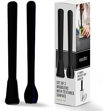 Esatto Professional Bar Tool Muddler 25 CM 9 Inches Ribbed Made with ABS Plastic, Black Set of 2 Durable and Ribbed for Mashing Fruits, Berries, Sugar, Spices, and Herbs
