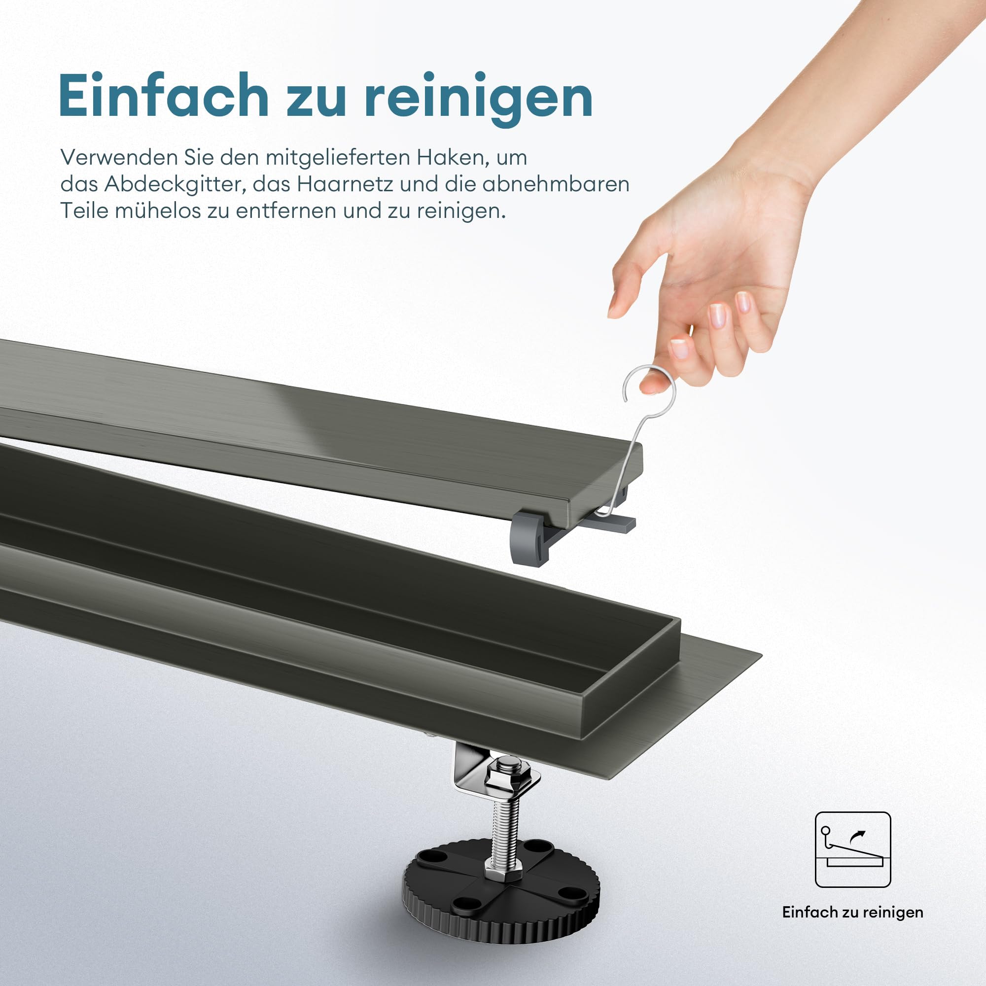 Mai & Mai Canaleta de Ducha de Acero Inoxidable sifón de desagüe para Cuarto de baño Rectangular, Canal de Drenaje Gris de 90cm con dispositivo desodorante y filtro de pelo 35L/min KE110