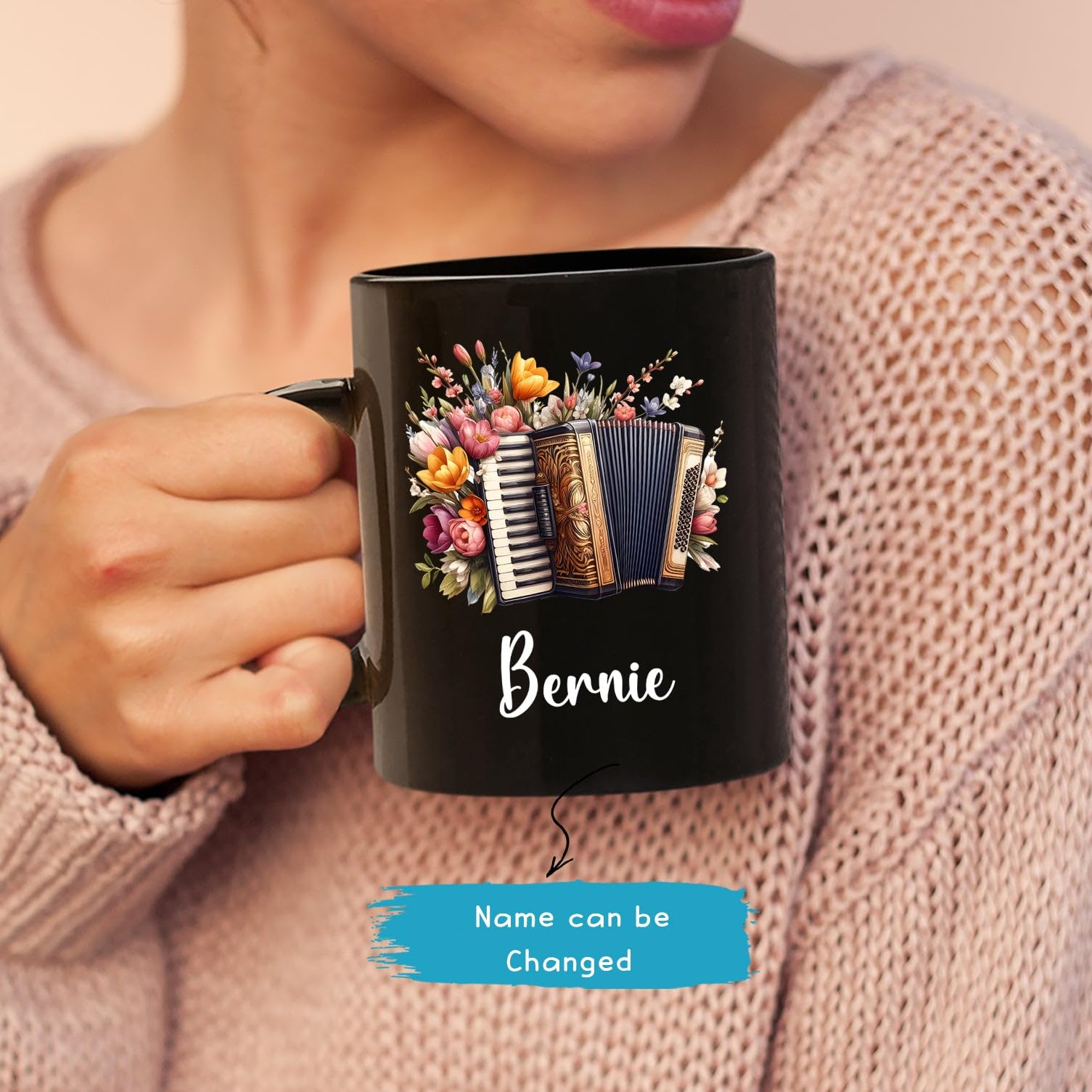 Floral Accordion Travel Cup, Customized Name Musical Instrument Cup Gifts, Accordion Musical Instrument Black Tea Mug, Personalized Accordion Player Coffee Cup, Instrument Ceramic Mugs 11 15oz