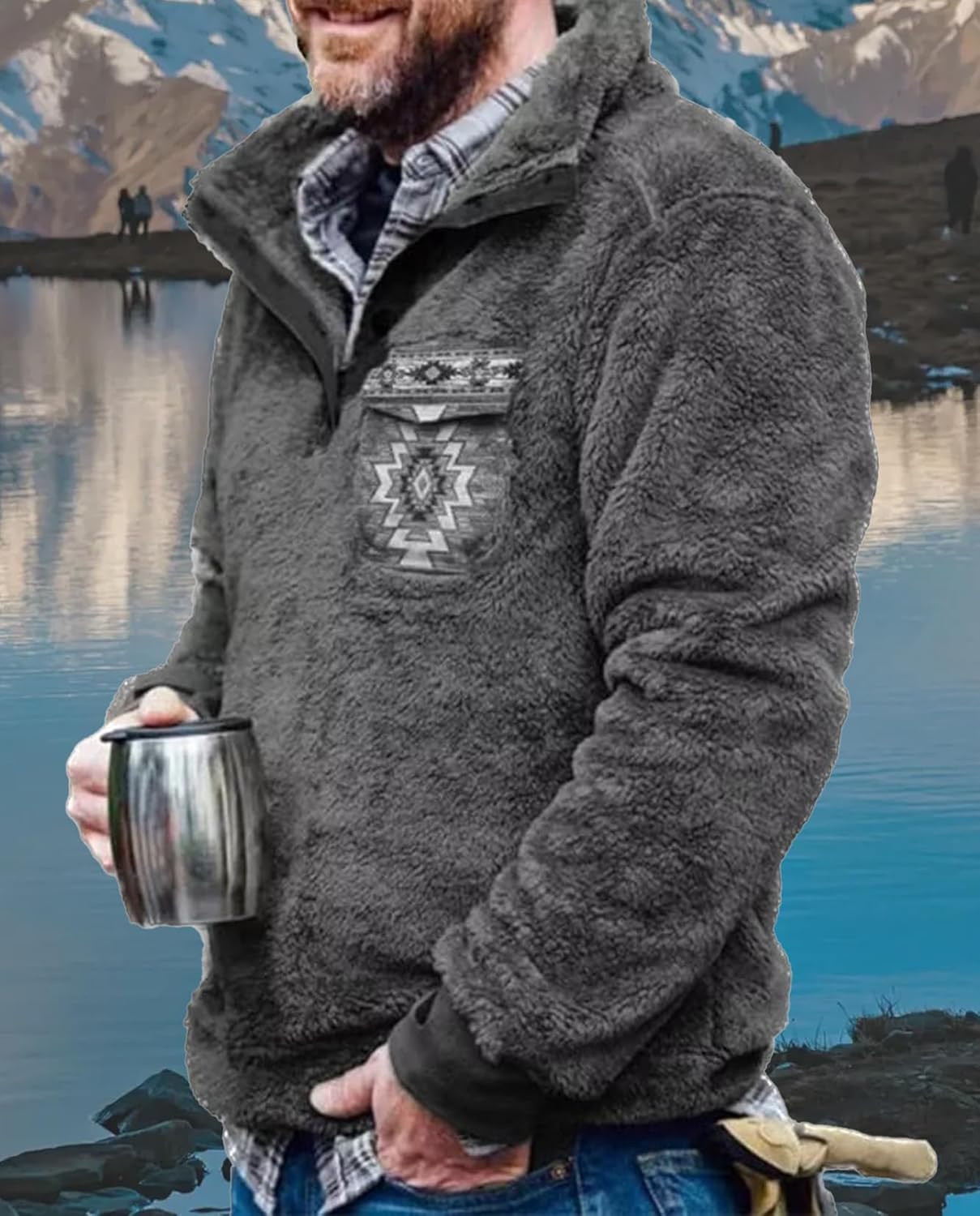 Western Sweatshirts for Men Aztec Fleece Pullover Sweatshirts Mens Vintage Print Fuzzy Sweatshirt - Image 3