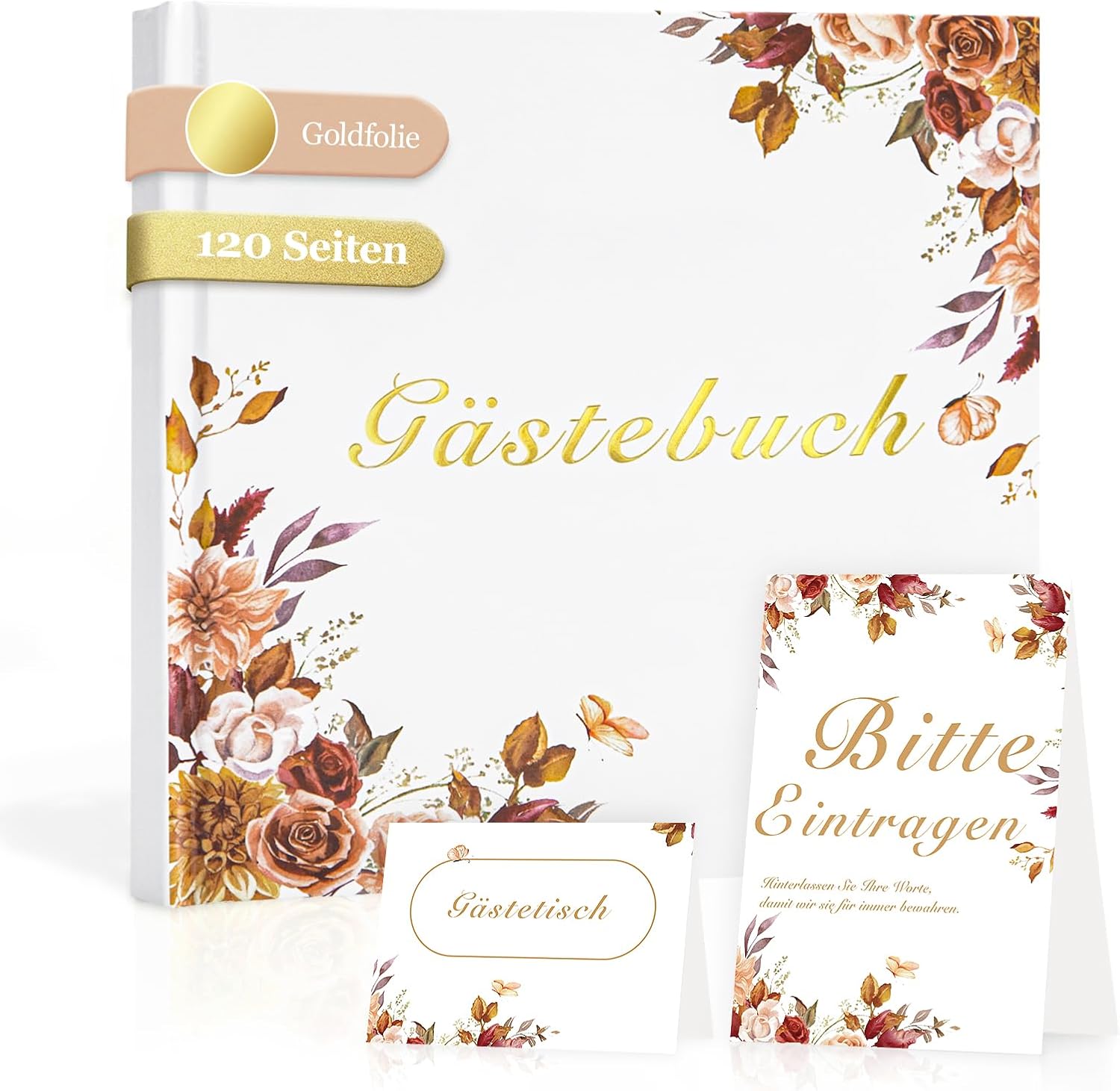 Wedding Guest Book Set Floral Design Hard Cover Gold Foil 120 Pages
