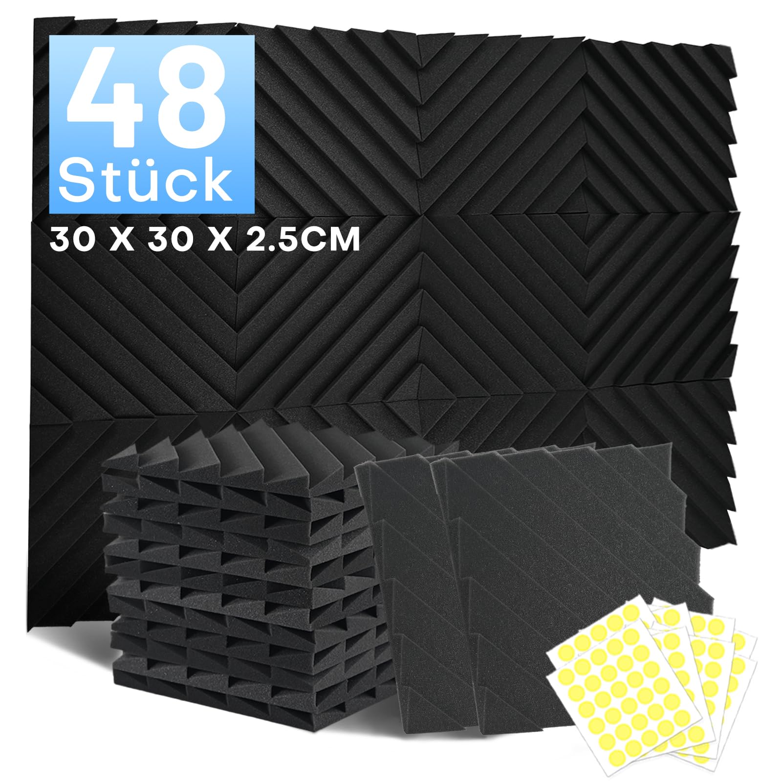 48 Stück Akustikschaumstoff Schallschutzplatten, 2.5 X 30 X 30CM Schalldämmung Akustikpaneele, Schallschutz Akustik Schaumstoffplatten, Hochdichte Schalldämmung Akustikplatten für Tonstudio, Heimkino
