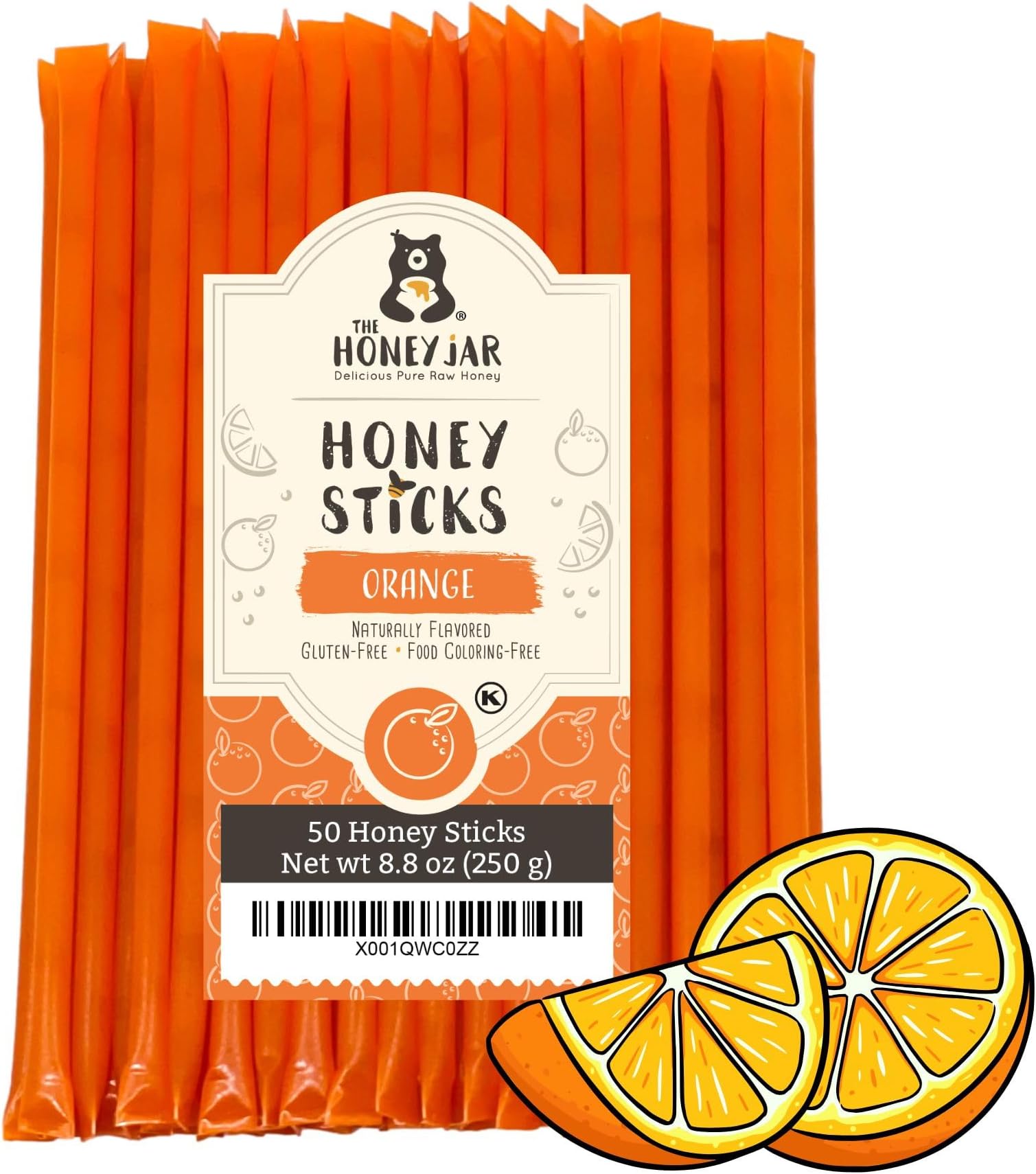 The Honey Jar Orange Flavored Honey Sticks - Pure Honey Straws For Tea, Coffee, or a Healthy Treat - One Teaspoon of Flavored Honey Per Stick - Made In The USA with Real Honey - (50 Count)