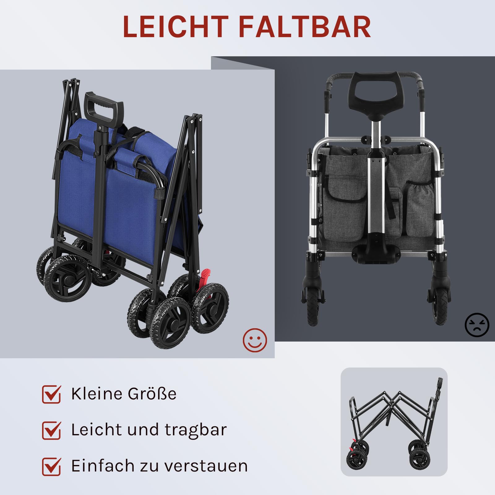 WOLTU Bollerwagen faltbar, Handwagen Transportwagen klappbar, Gartenwagen Strandwagen mit Bremsen Doppelrädern, Trolley für Garten Strand Camping, 80 kg belastbar, Blau