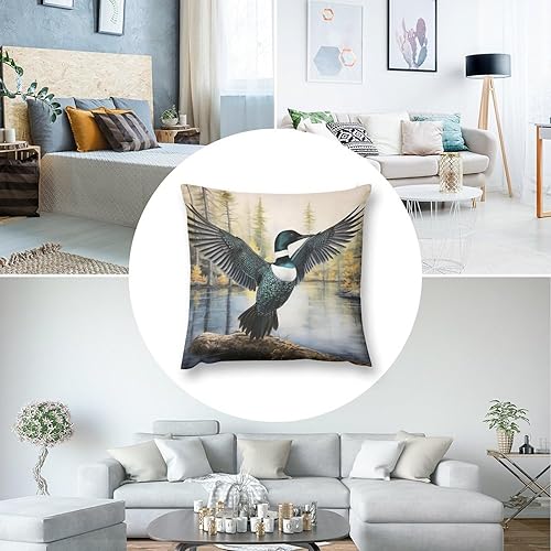 Miniatura 5 de Funda de cojín cuadrada de 12 x 12 pulgadas, diseño de loon que dobla sus alas para sofá, sofá, naturaleza, pájaro, lago, agua, cojines decorativos