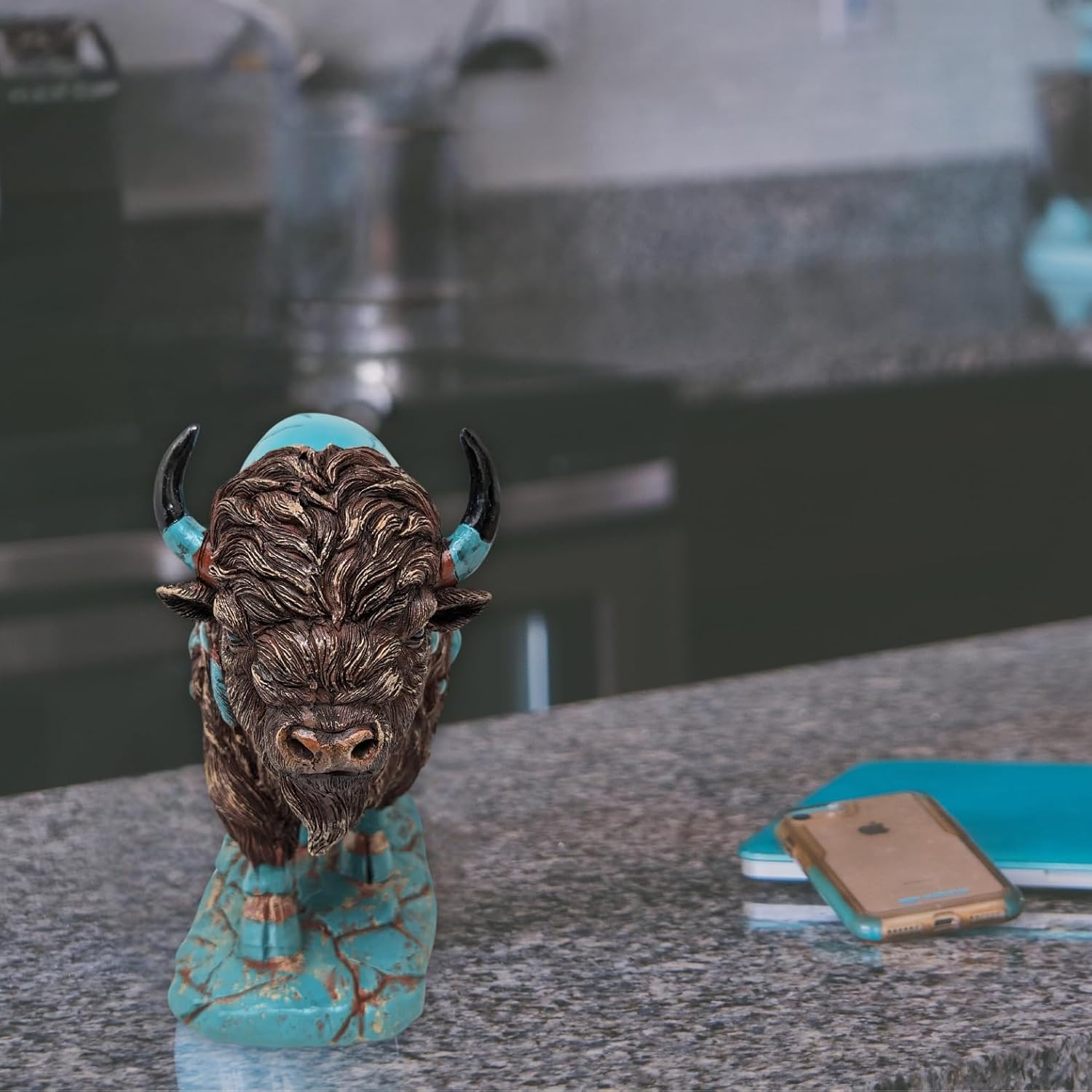 Majestic Buffalo Resin Figurine - Detailed Collectible Turquoise Bison Sculpture for Home & Office Décor - Rustic Western Art for Buffalo Enthusiasts & Collectors
