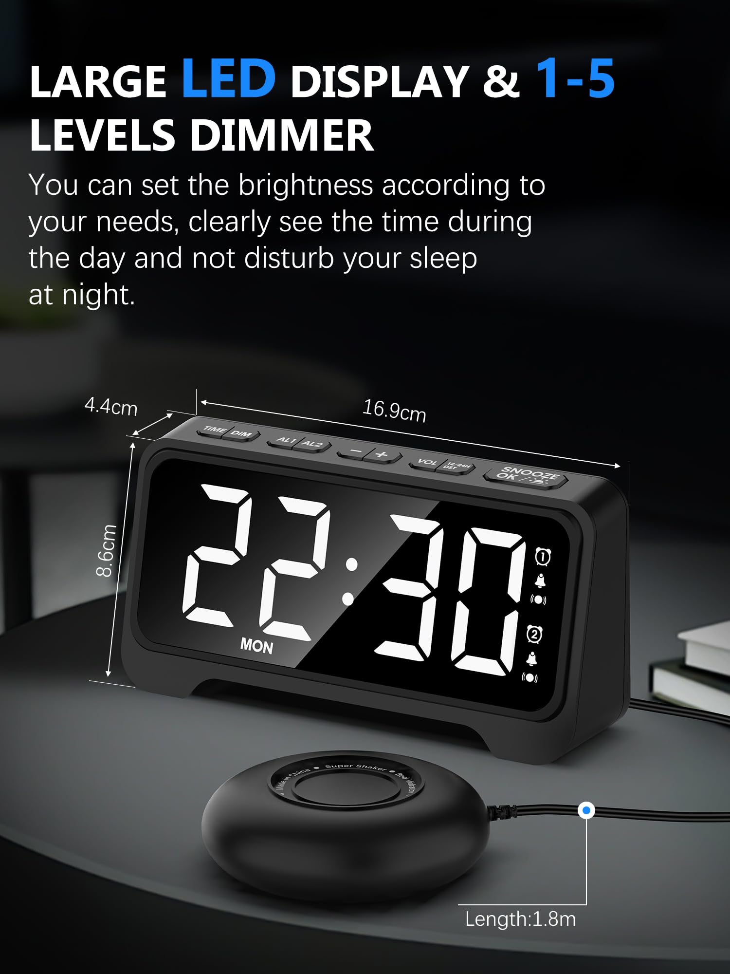 Sveglia con Vibrazione, Sveglia Potente Forte per Sordi, Orologio da Tavolo con Luce Notturna, Porta USB, Ampio Display, Luminosità Regolabile, 2 Allarmi, Plug-in Orologio Digitale da Camera, 12/24h