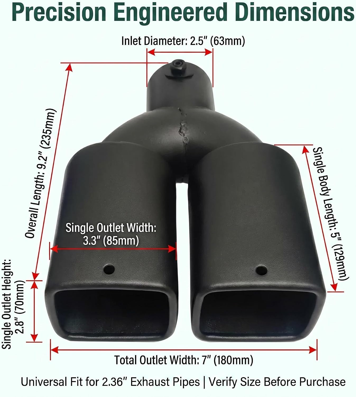 Dual Square Exhaust Tips 2.5" Inlet 3.4" Outlet 9.5" Length - Threaded Rolled Edge Polished Stainless Steel Tips with Drain Holes for Enhanced Style & Durability (Matte Black)