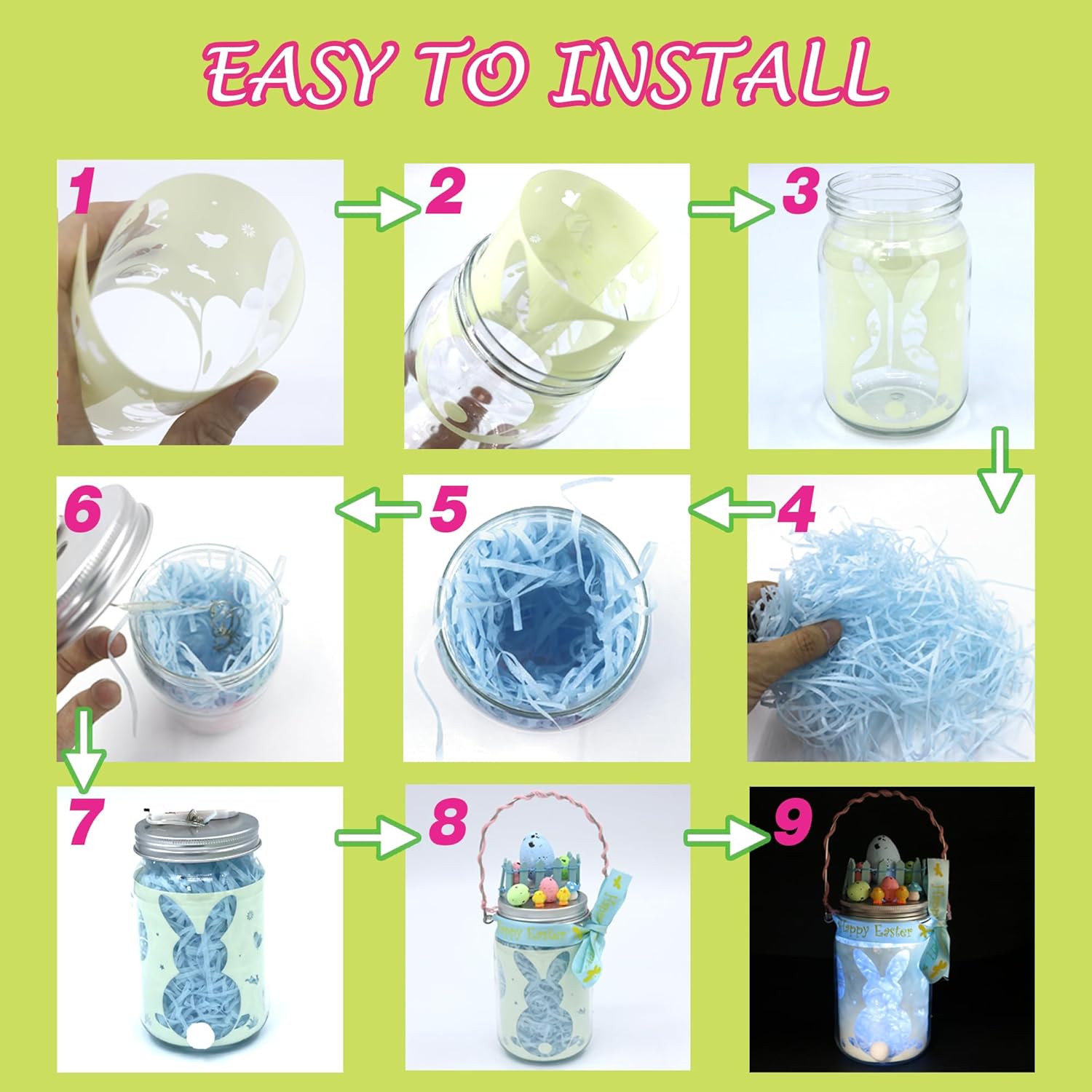 mishunyus 4 Pack Light Up Easter Craft Kit, DIY Easter Lantern Craft, Mason Jars Easter Hanging Lantern Decoration, Indoor Garden Decor, DIY Night Light