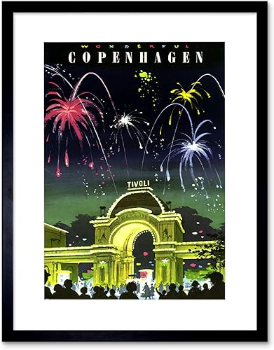 Viaje Copenhague Dinamarca Tivoli Gardens Fuegos Artificiales clásico FRAMED Print B12 X 1554