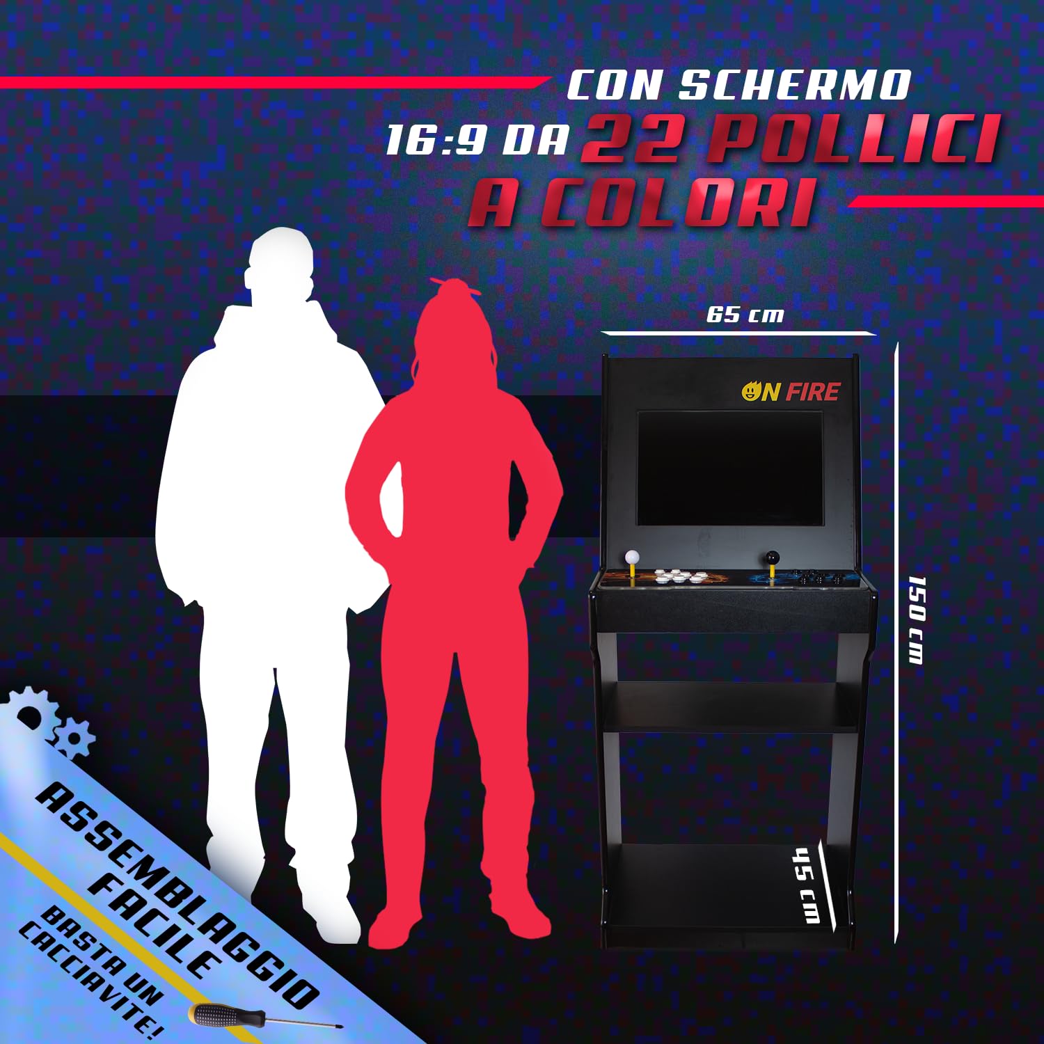 ONFIRE GAMES | Cabinato Arcade Made In Italy | Retro Console Con 10.000 Giochi | Console Amarcord Da Assemblare | Schermo da 22" e controlli arcade a 6 tasti personalizzabili
