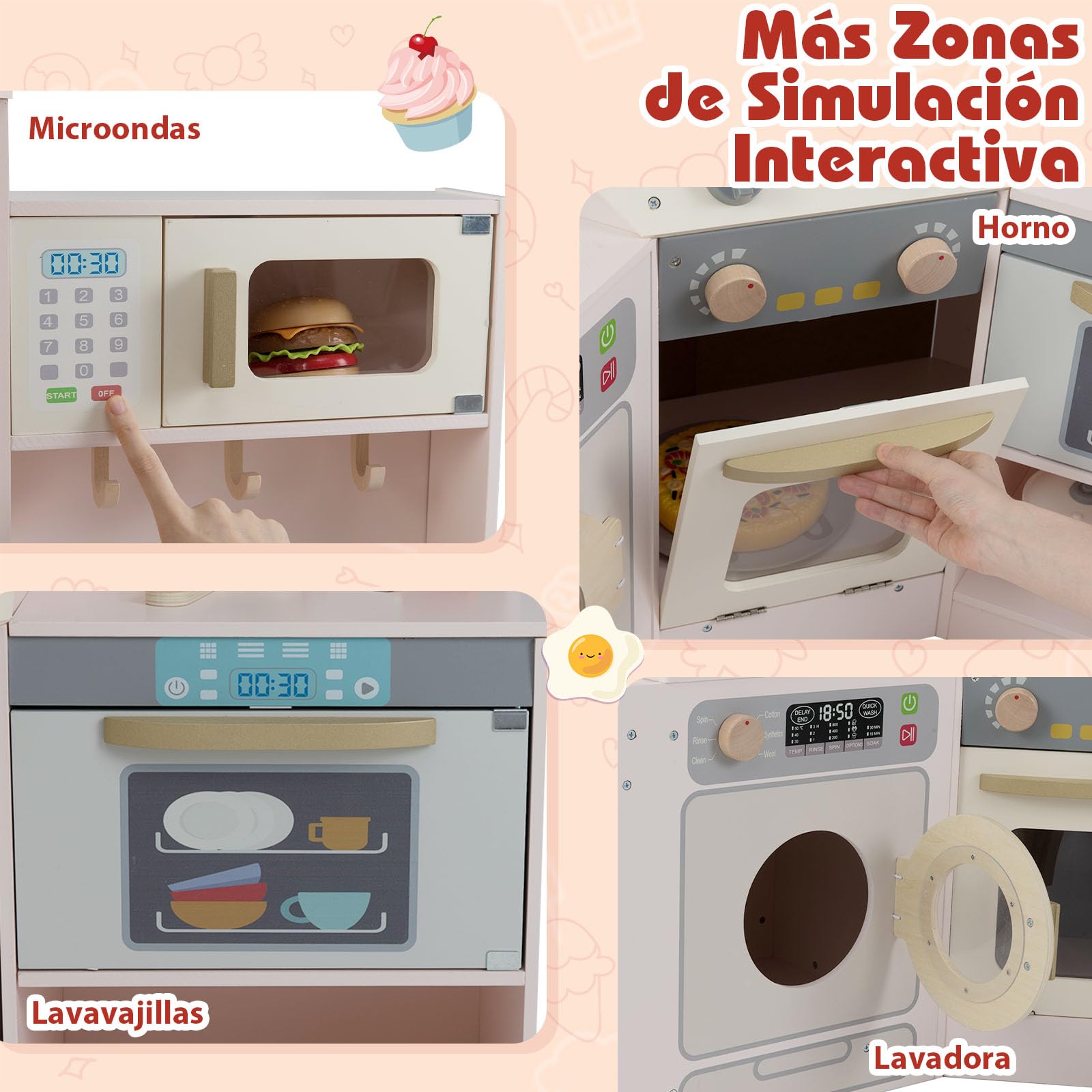 GOPLUS Cocina de Juguete de Esquina, Cocinita Infantil de Madera con Cubo de Basura Extraíble, Fregadero, Fogones, Microondas, Horno, Lavadora, Luces y Sonidos para Niños de 3+ Años (Rosa)