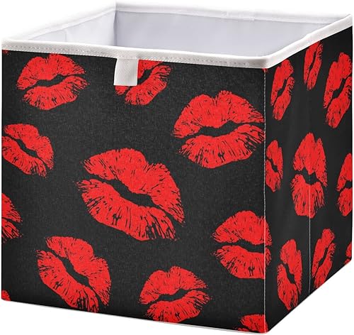 WELLDAY Cesta de almacenamiento plegable para el día de San Valentín, con labios rojos plegables de 15.8 x 10.6 x 7 pulgadas, cubo de almacenamiento
