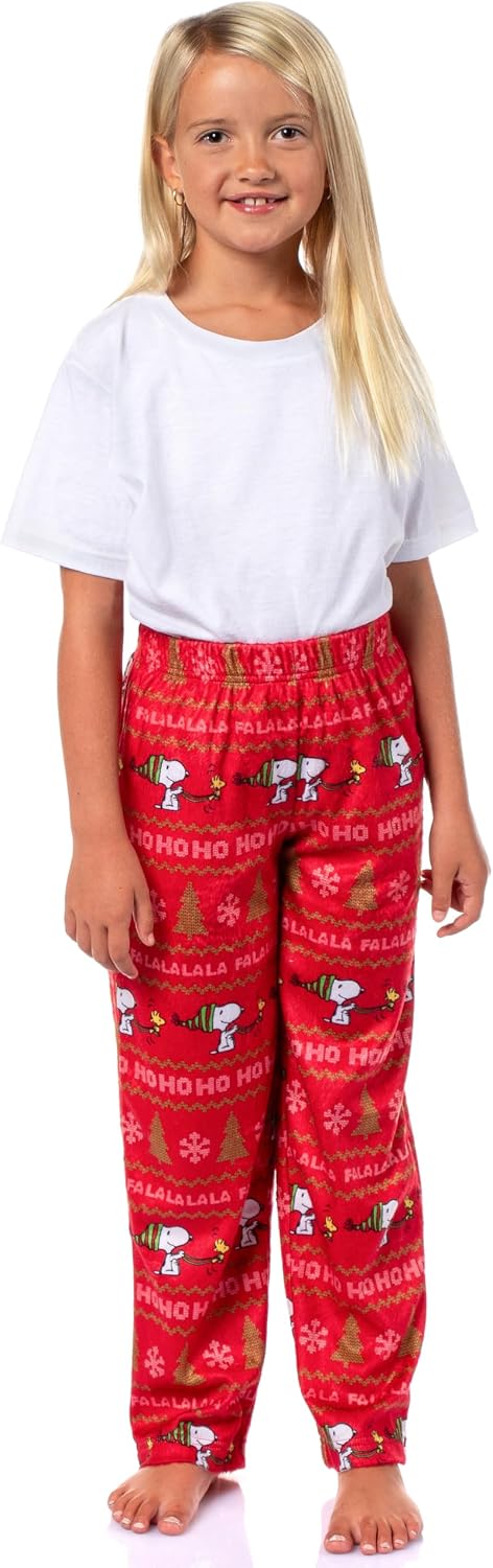 Peanuts Snoopy Girl's Christmas Sweater Sleep Tossed Print Pajama Pants For Kids