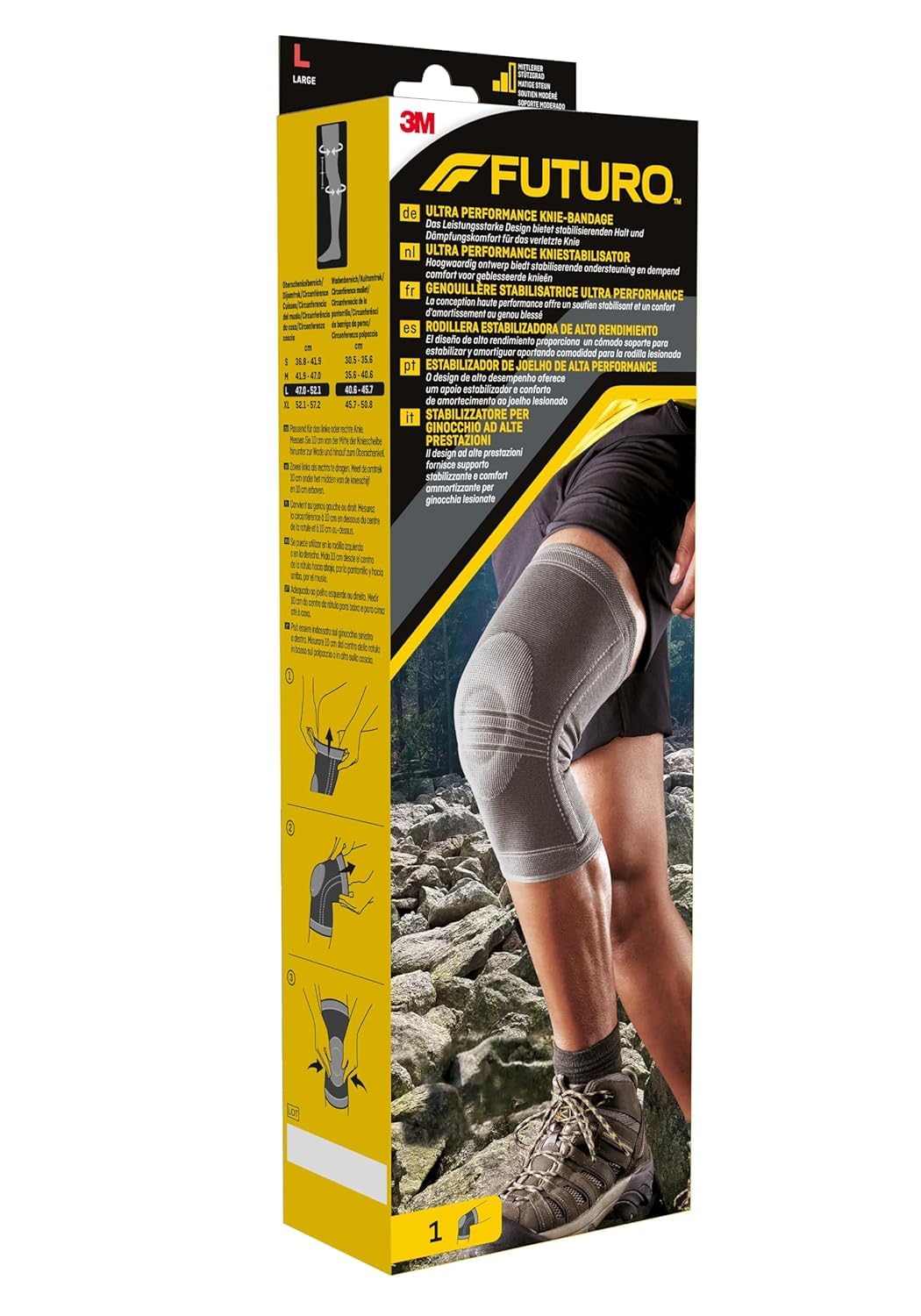 FUTURO Ultra Performance Knie-Bandage, Größe L - Knieorthese mit Gelring und Seitenstabilisatoren, Atmungsaktiv, Rutschfest, Kompression und Stabilisierung für Verletzte, Schwache oder Steife Knie