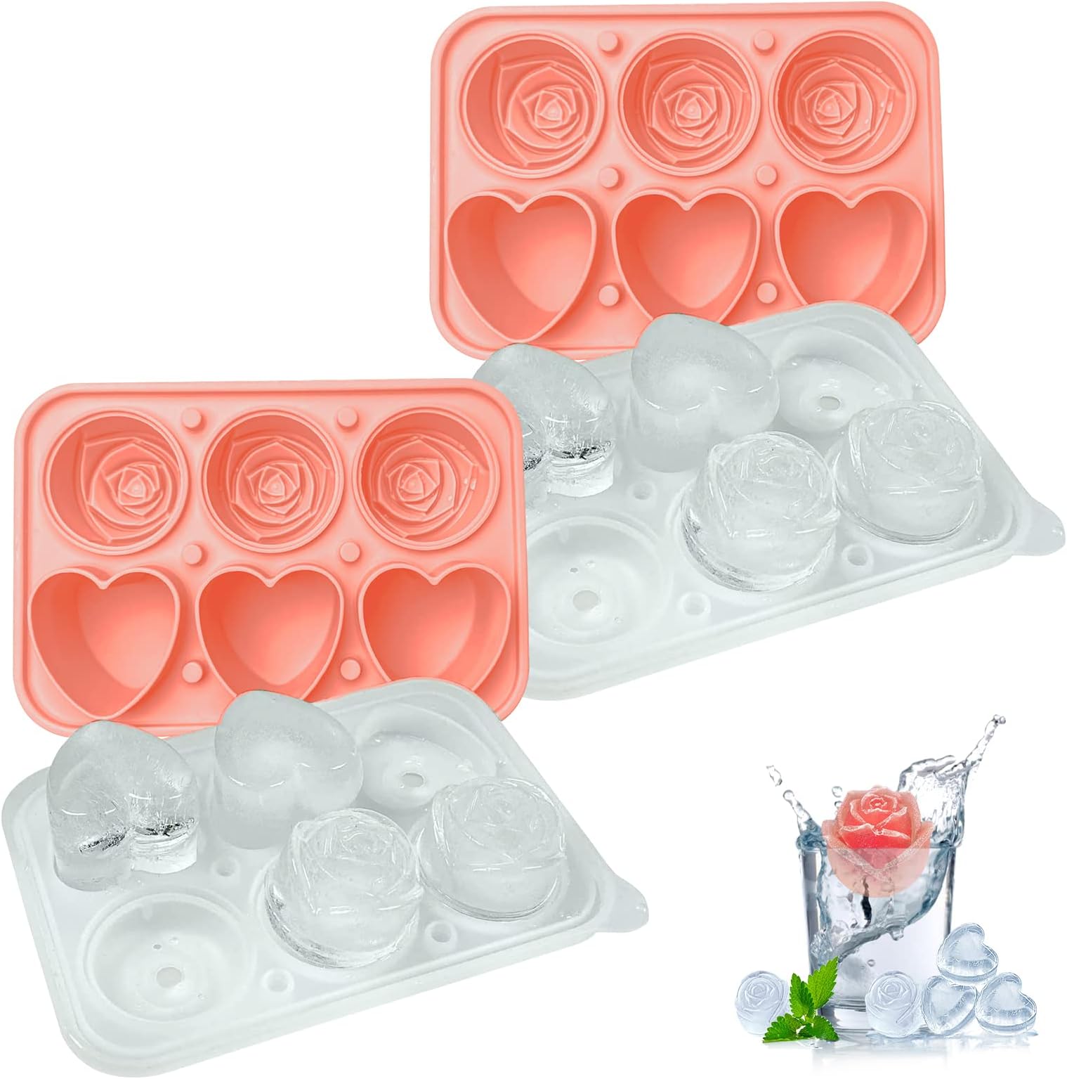 NewBinn Pink Ice Cube Molds 2 Pack, Rose & Heart-shaped Ice Cube Trays with Built-in Funnel, Silicone Ice Ball Maker with Lid for Cocktails Bourbon, Reusable & BPA Free